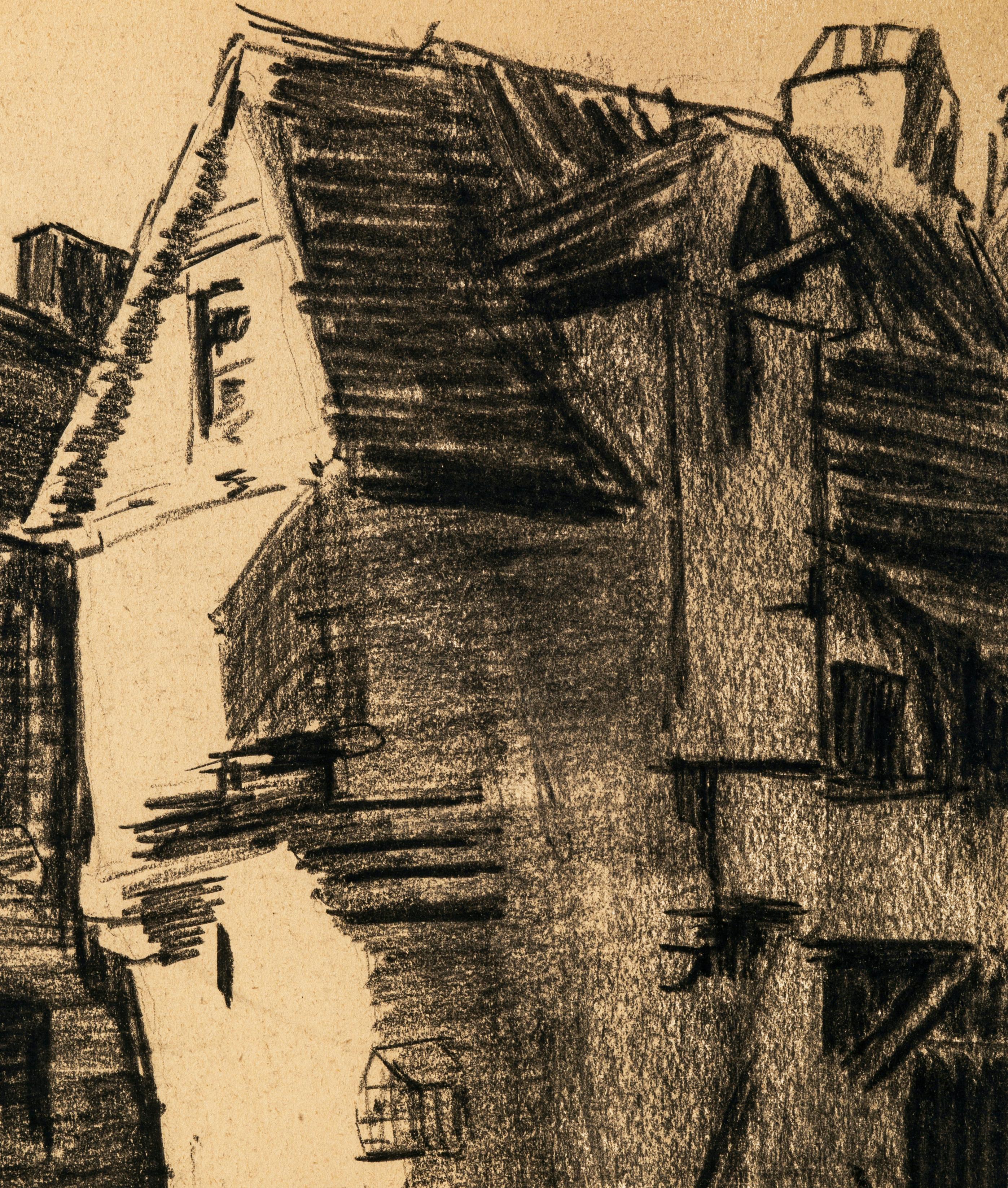 The village is a charcoal drawing realized by Jean Chapin in the early XX century. 

Signature stamp of the artist on the lower right margin. The drawing is detached from a notebook.

The artwork represents a view of a village. 

Good