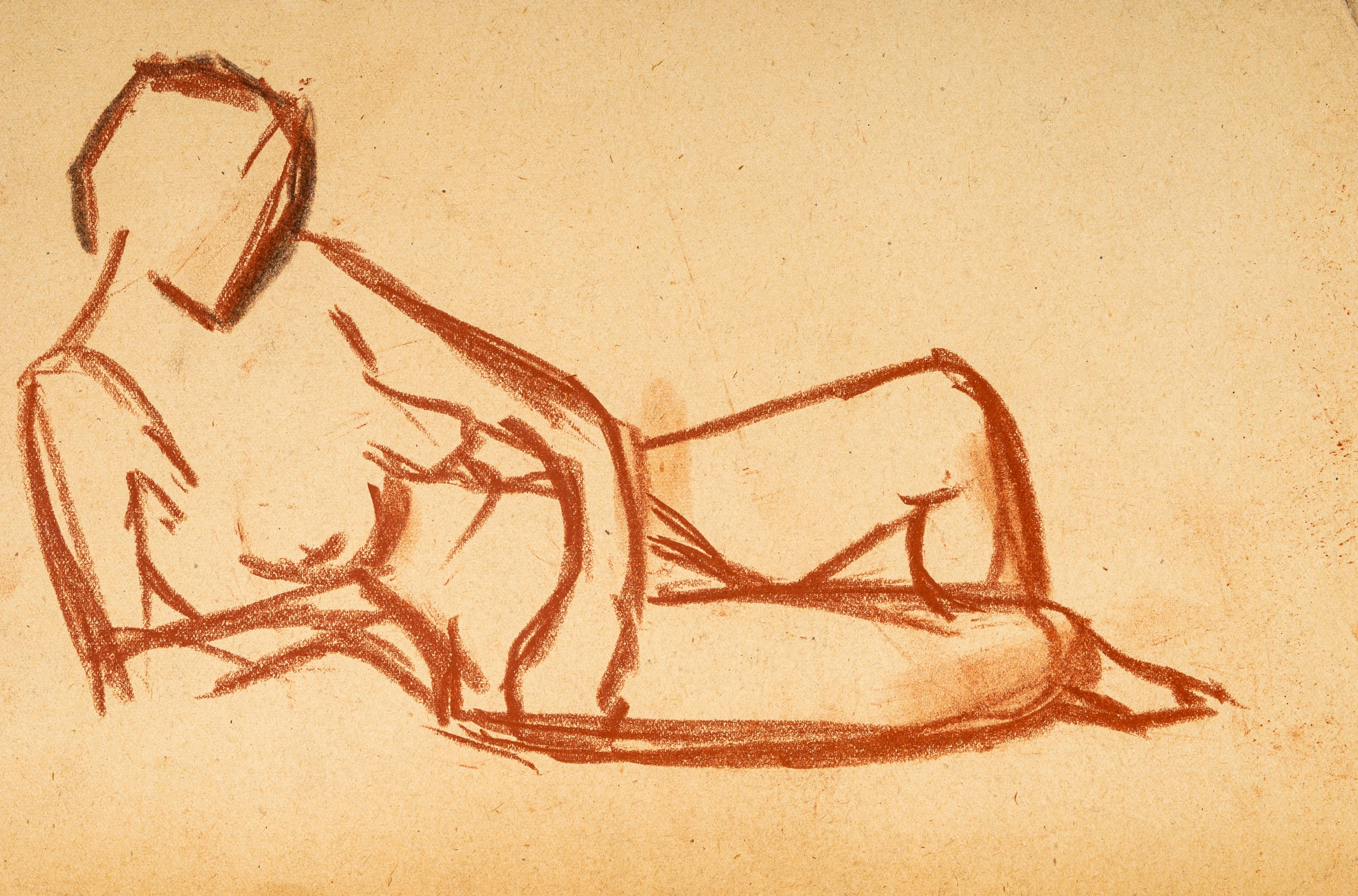 Lying Down Nude - Original Red Chalk Drawing by French Master Early 20th Century - Art by Unknown