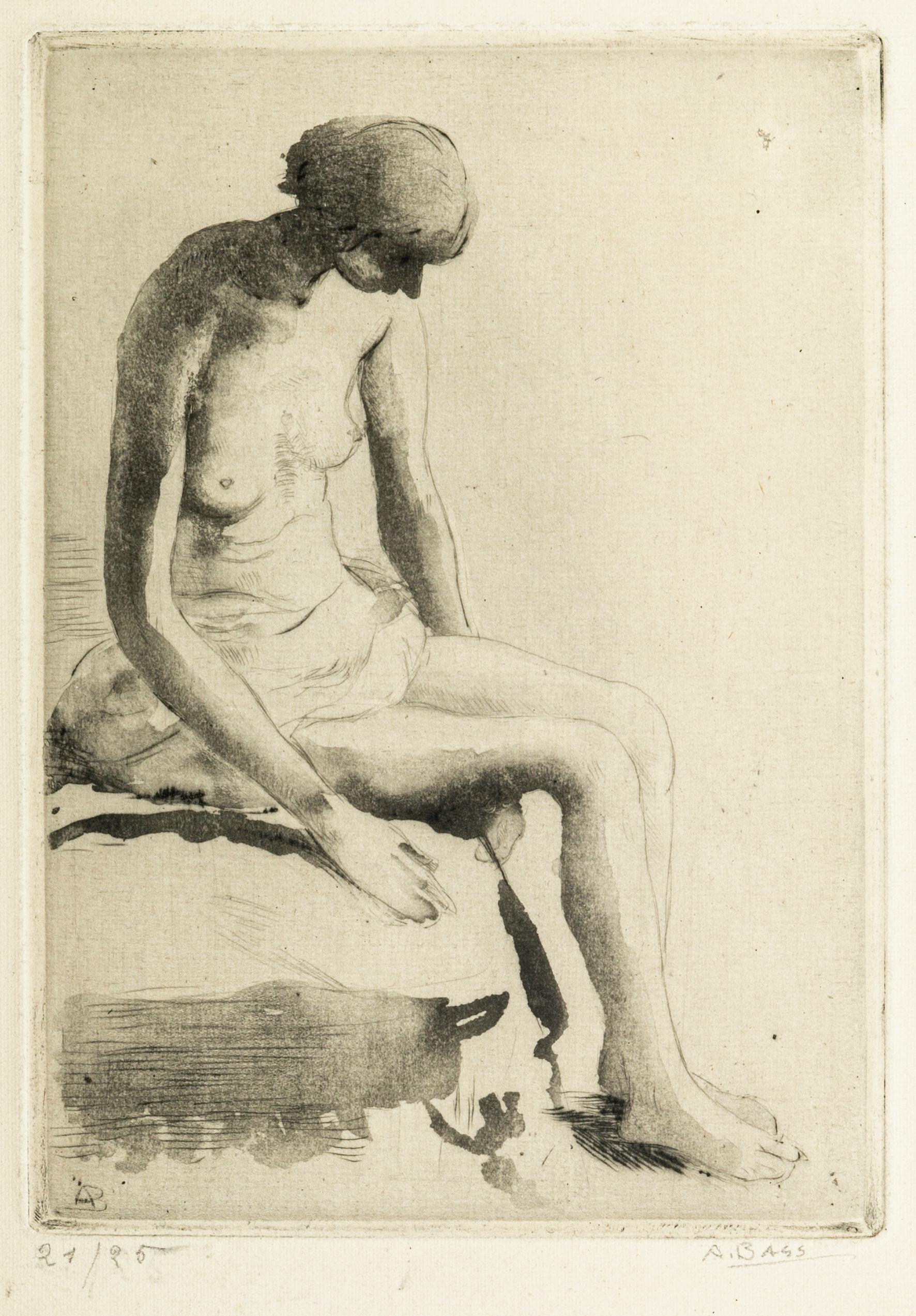 Pensive Nude – Radierung und Aquatinta von Anna Bass – Ende des 20. Jahrhunderts