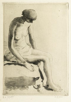 Desnudo pensativo - Aguafuerte y aguatinta de Anna Bass - Finales del siglo XX
