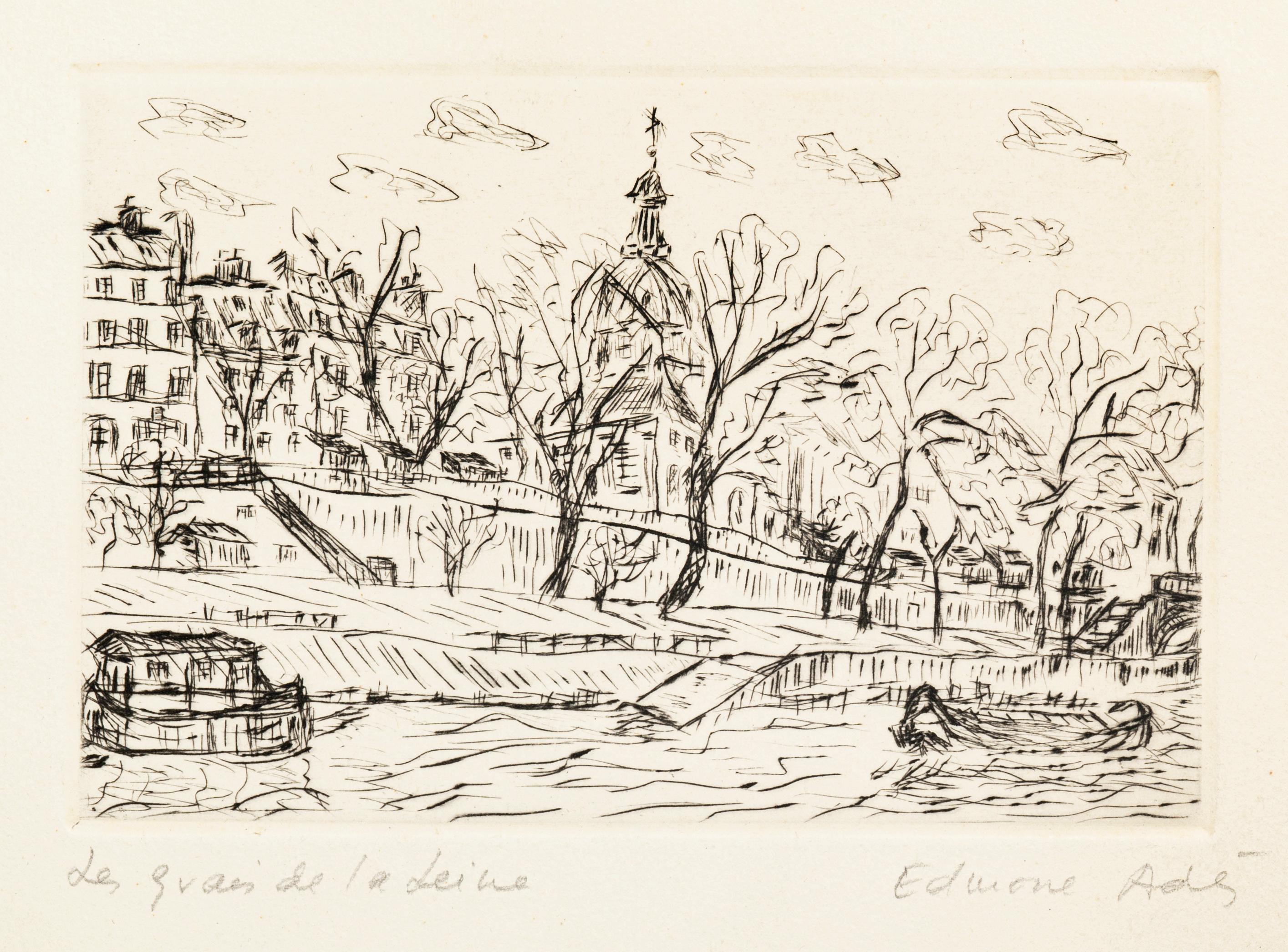 Dimensiones de la imagen:  9,8 x 14,4 cm.

Les Quais de la Seine es un grabado en blanco y negro realizado por Edmone A. Ades en la Primera Mitad del Siglo XX. 

Aguafuerte y punta seca.

La obra representa una vista del río Sena.

Firmado a mano y