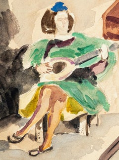 La Guitariste - China Ink and Watercolor Drawing by Jean Chapin - Early 1900