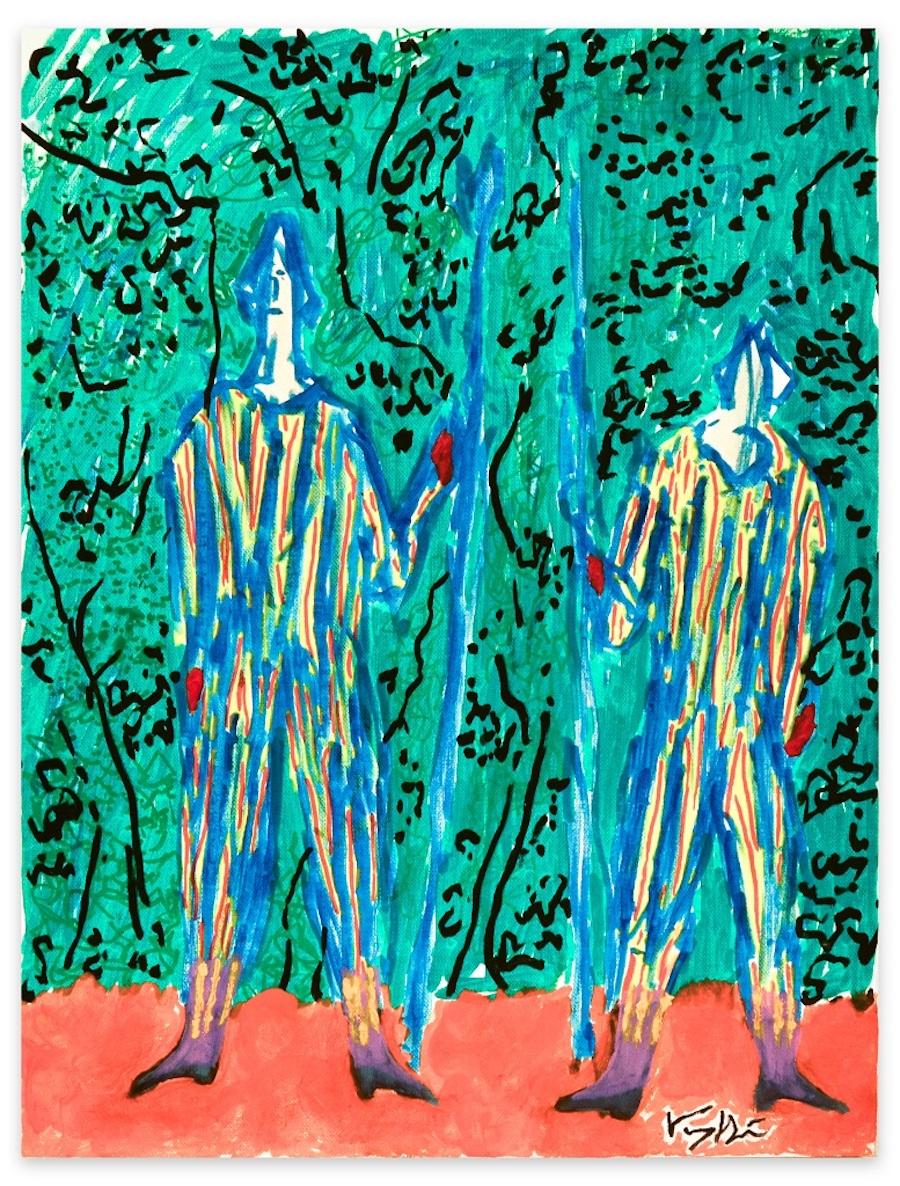 Swiss Guards is an original contemporary artwork realized by the Italian artist Antonio Vangelli in 2000. 

Original mixed media and oil painting on canvas. 

Hand-signed on the lower right corner by the artist: Vangelli. Hand-signed, titled and