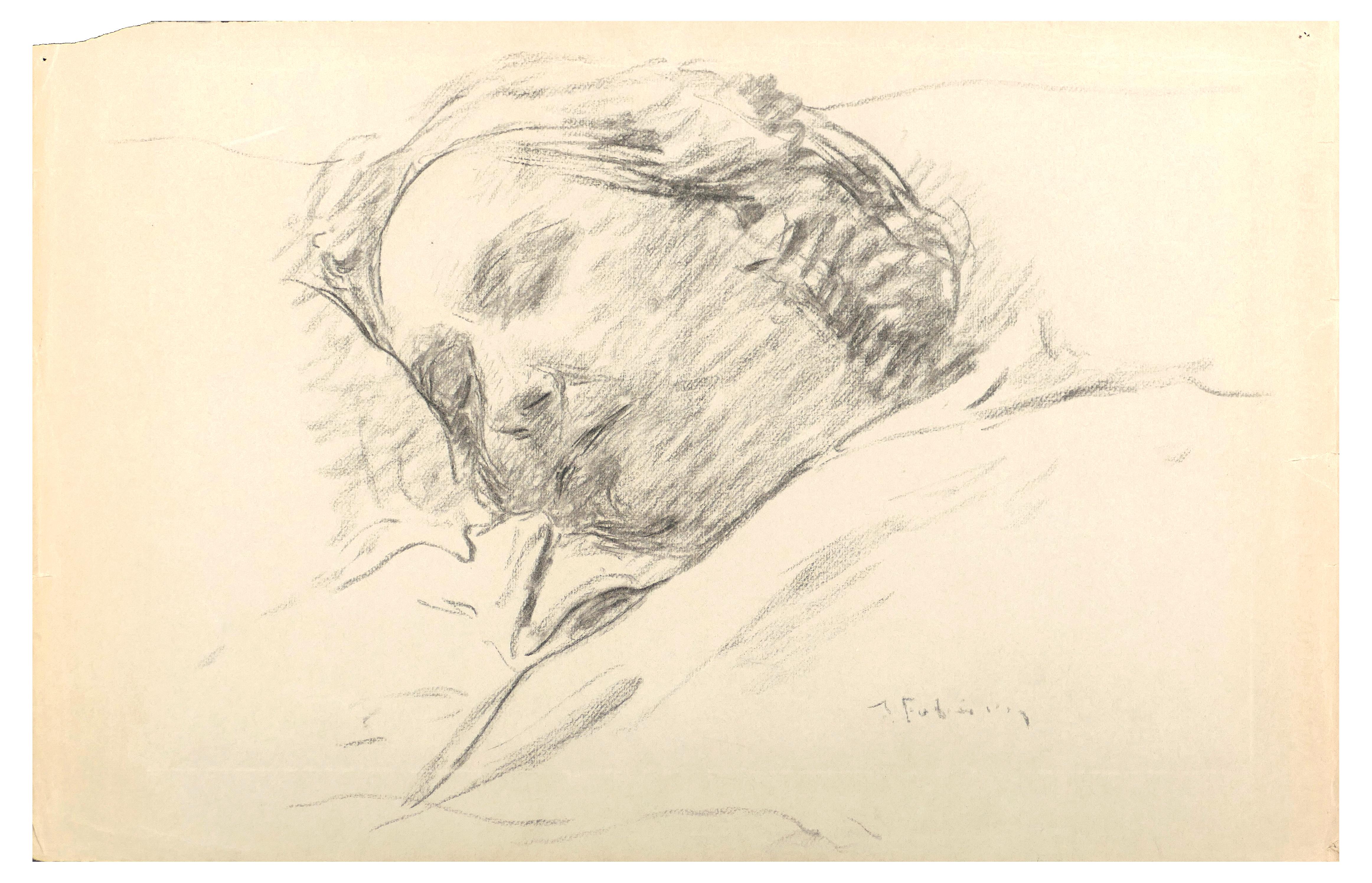Sleeping Woman ist eine schwarz-weiße Kohlezeichnung von Serge Fontinsky (1887-1971) aus der Mitte des 20. Jahrhunderts. 

Guter Zustand, aber oben links auf dem Blatt fehlt.

Handsigniert am unteren Rand. 