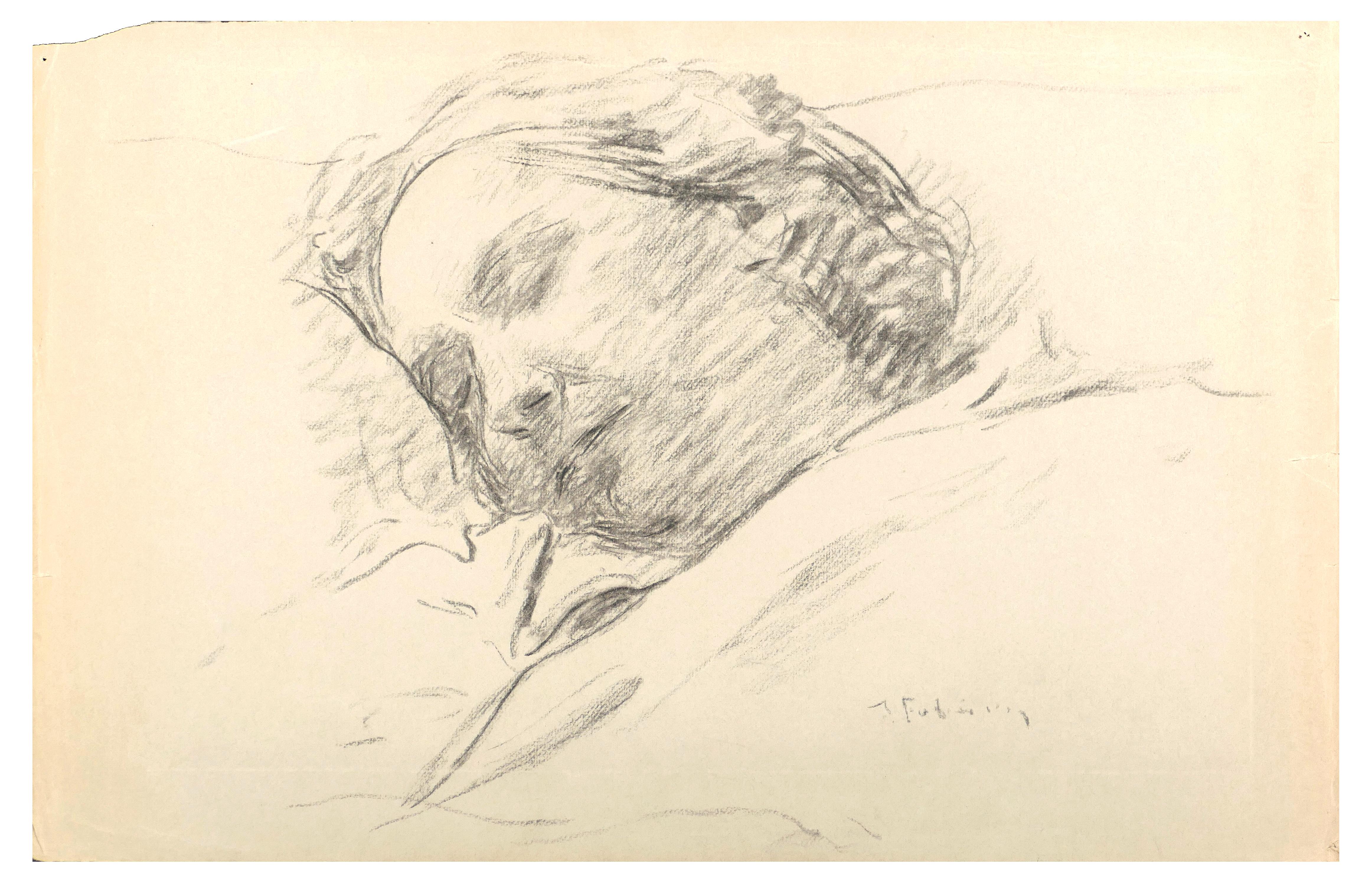 Sleeping Woman - Original Charcoal Drawing by Serge Fontinsky - 1940s