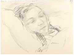 Vintage Sleeping Girl - Charcoal Drawing and watercolor by S. Fontinsky - 1940s