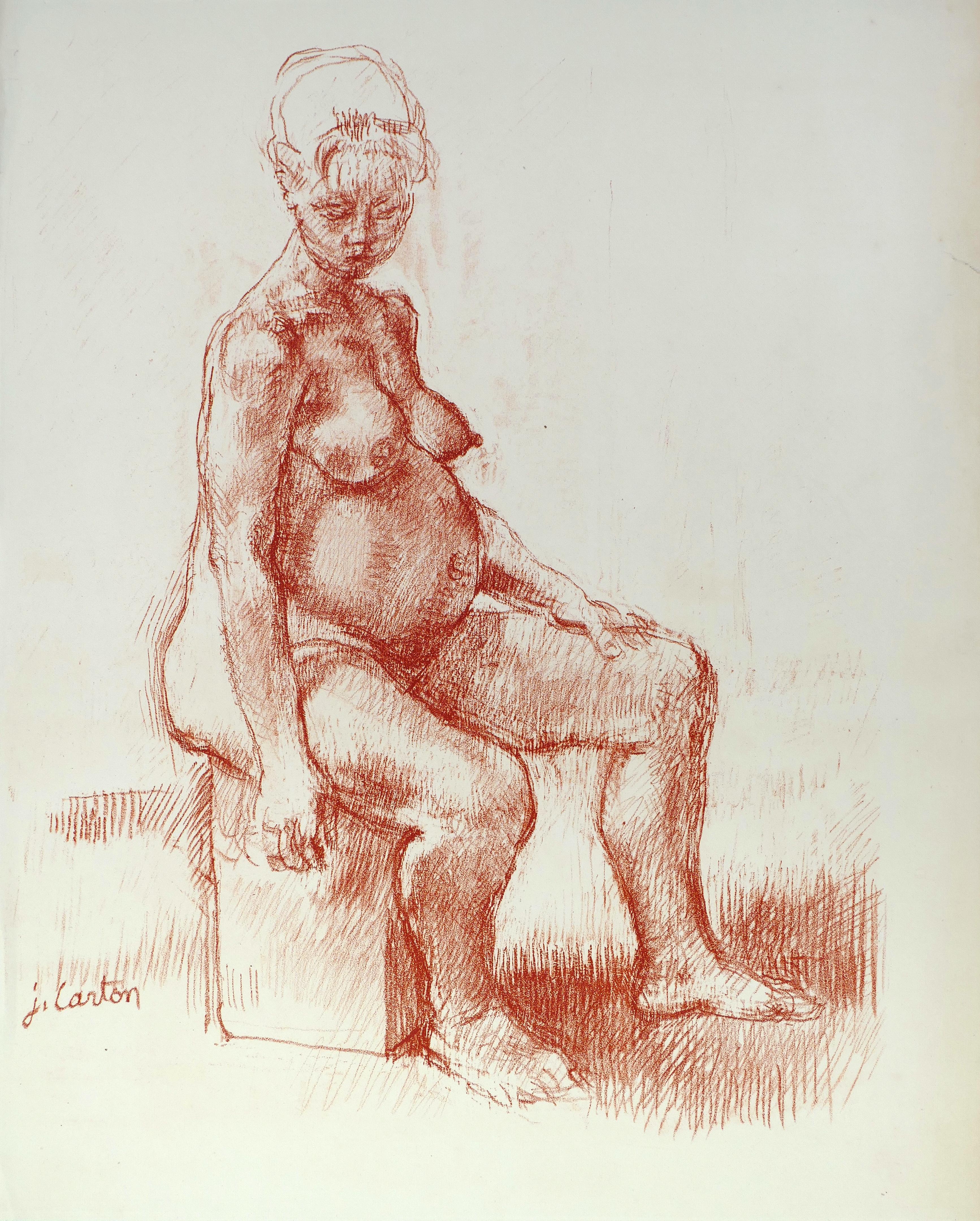 Schwangerschaft – Original Sanguine-Zeichnung von Jean Carton – Mitte des 20. Jahrhunderts