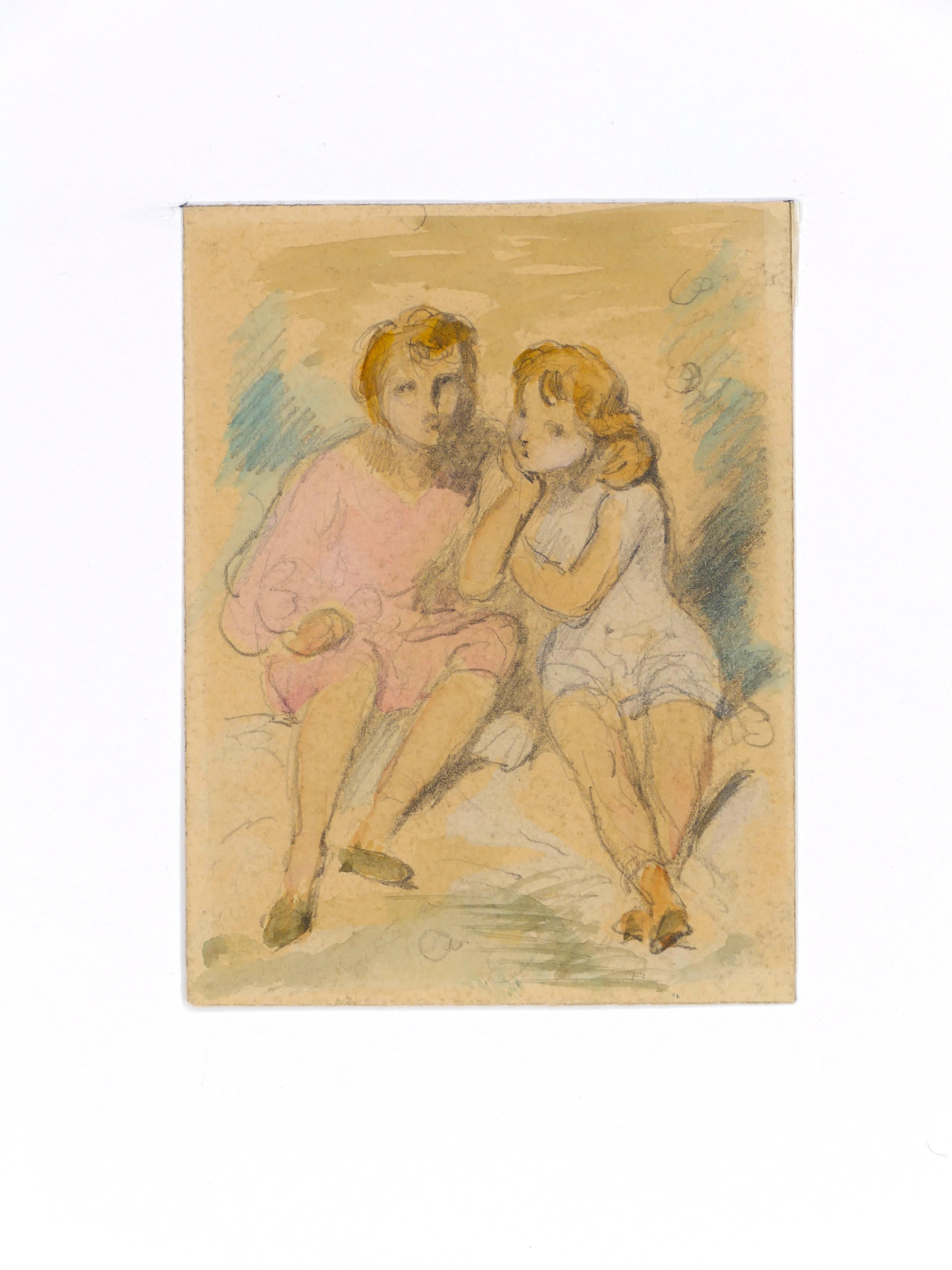 Les enfants assis - Dessin au crayon et à l'aquarelle de A. Devria - Milieu du XIXe siècle - Art de Achille Devéria