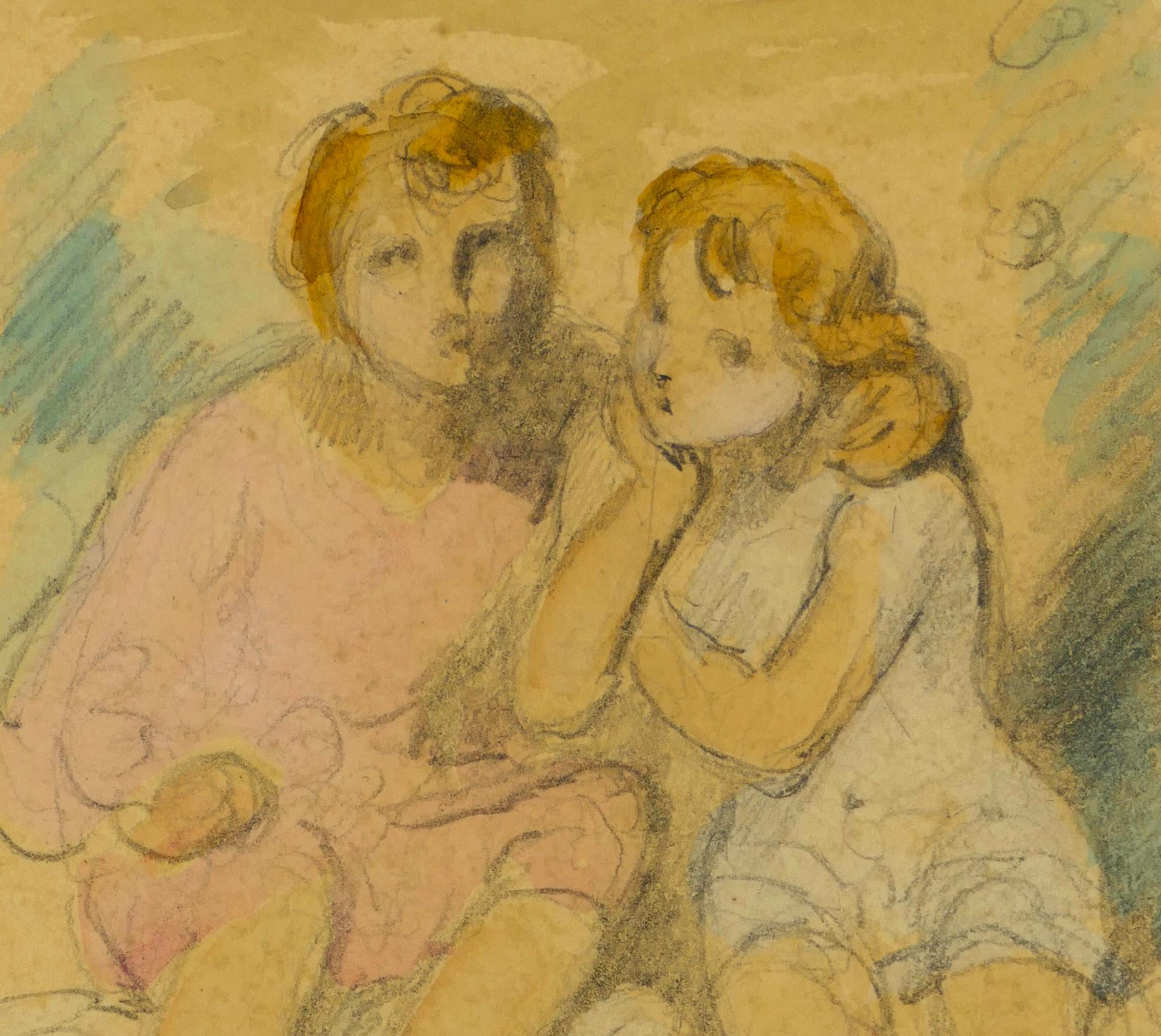 Les enfants assis - Dessin au crayon et à l'aquarelle de A. Devria - Milieu du XIXe siècle - Marron Figurative Art par Achille Devéria