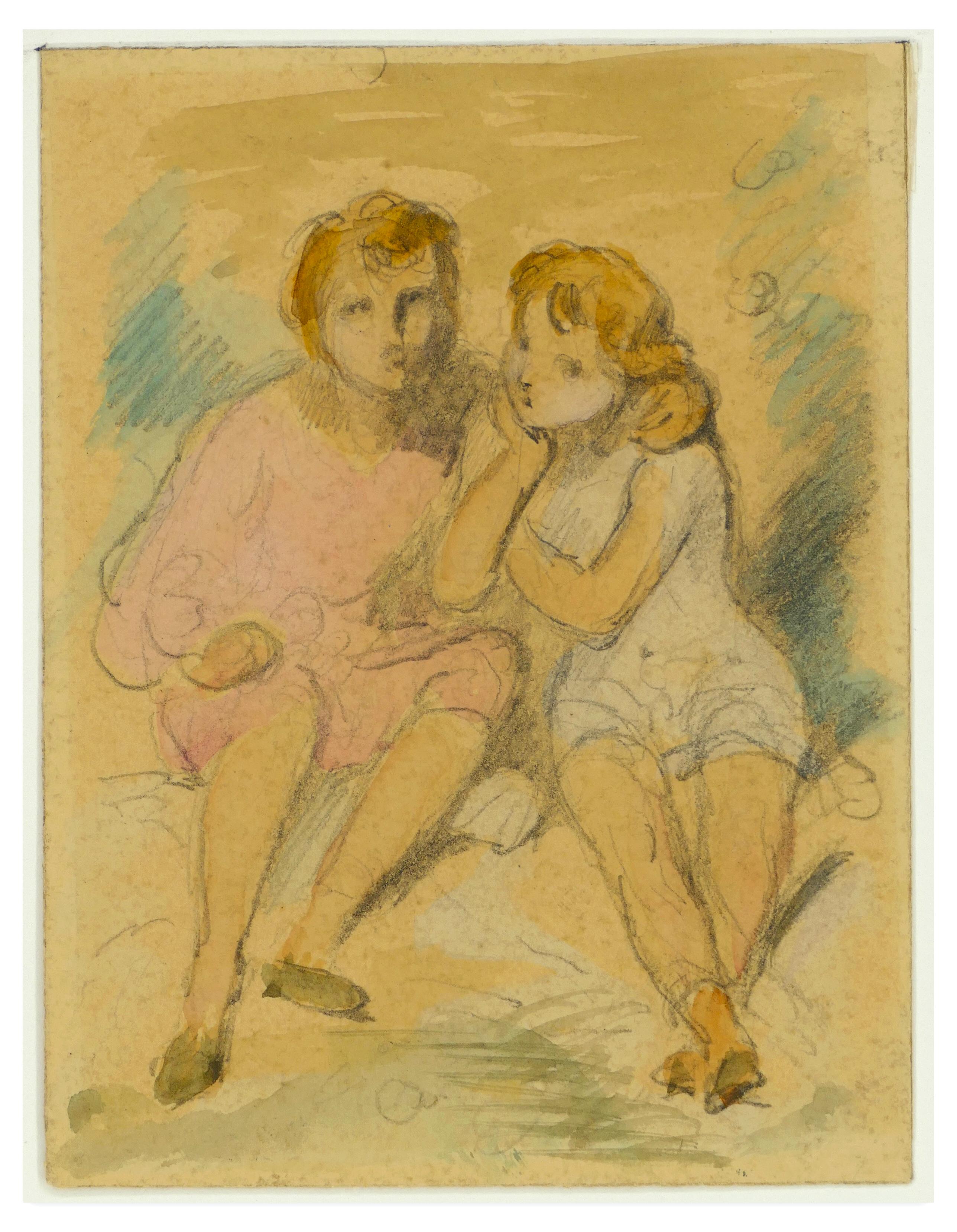 Figurative Art Achille Devéria - Les enfants assis - Dessin au crayon et à l'aquarelle de A. Devria - Milieu du XIXe siècle