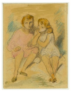 Sitting Children - Pencil and Watercolor Drawing by A. Devéria -Mid 19th Century