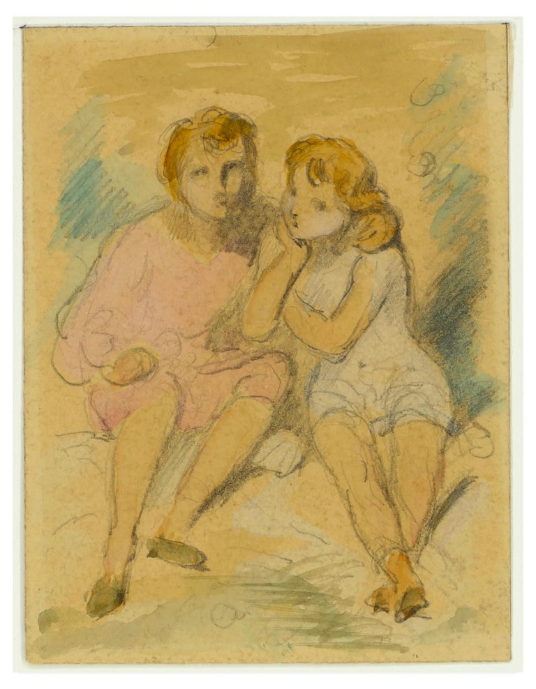 Achille Devéria - Sitting Children - Pencil and Watercolor Drawing by A ...