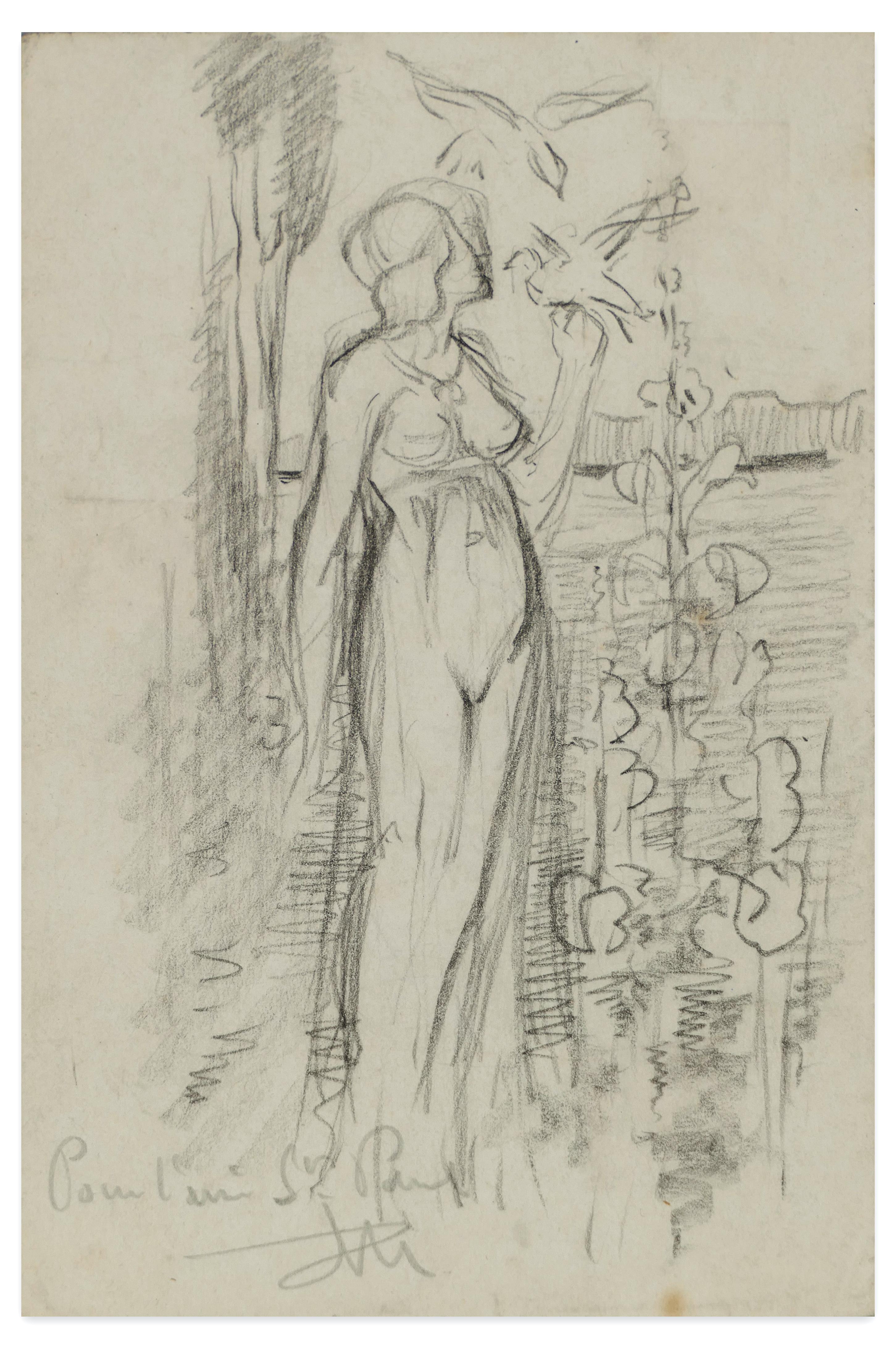 Edén - Dibujo original a lápiz de Max Théron - Principios de 1900