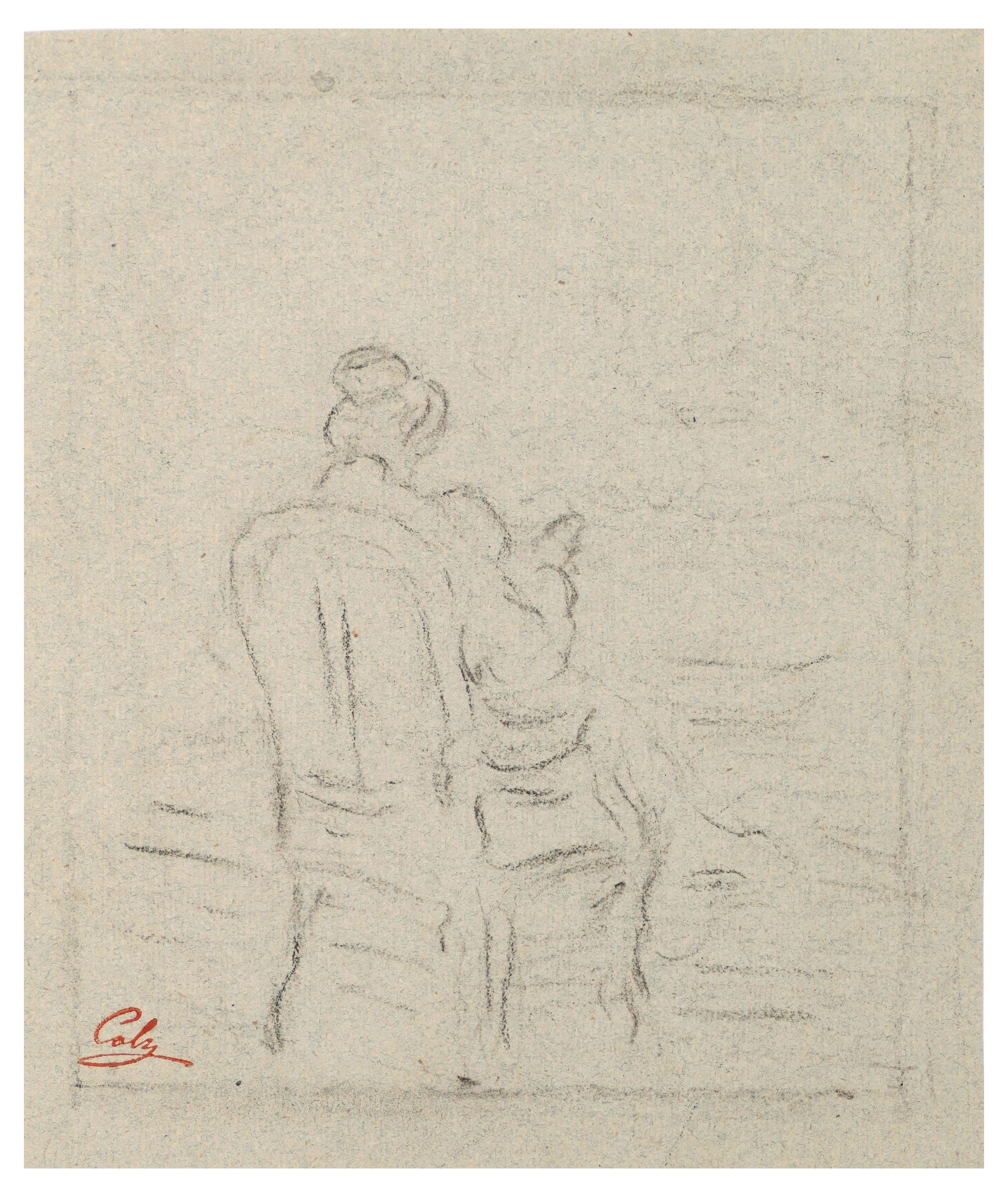 Adolphe-Félix CALS Figurative Art - Sitting Woman - China Charcoal Drawing by A.-F. Cals - Late 19th Century