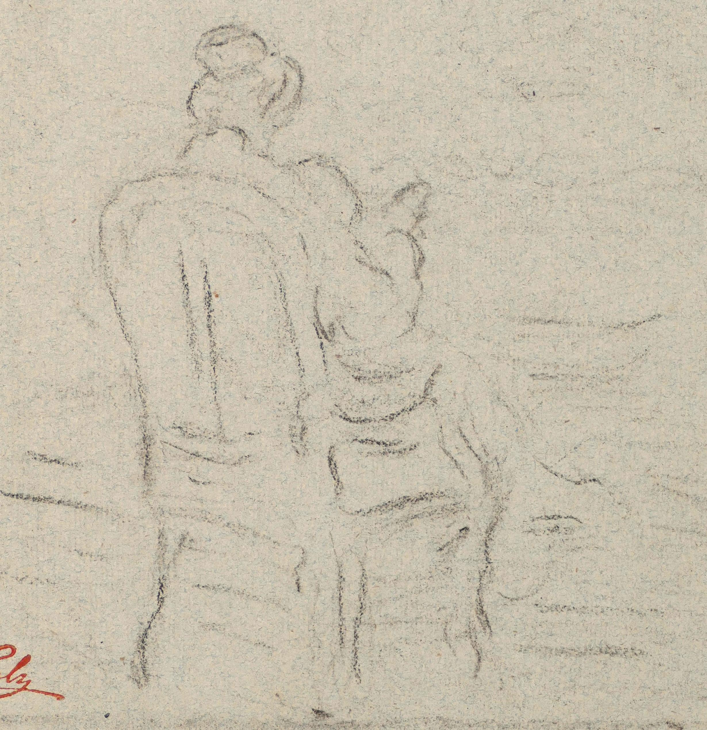 Sitting Woman - China Charcoal Drawing by A.-F. Cals - Late 19th Century - Beige Figurative Art by Adolphe-Félix CALS