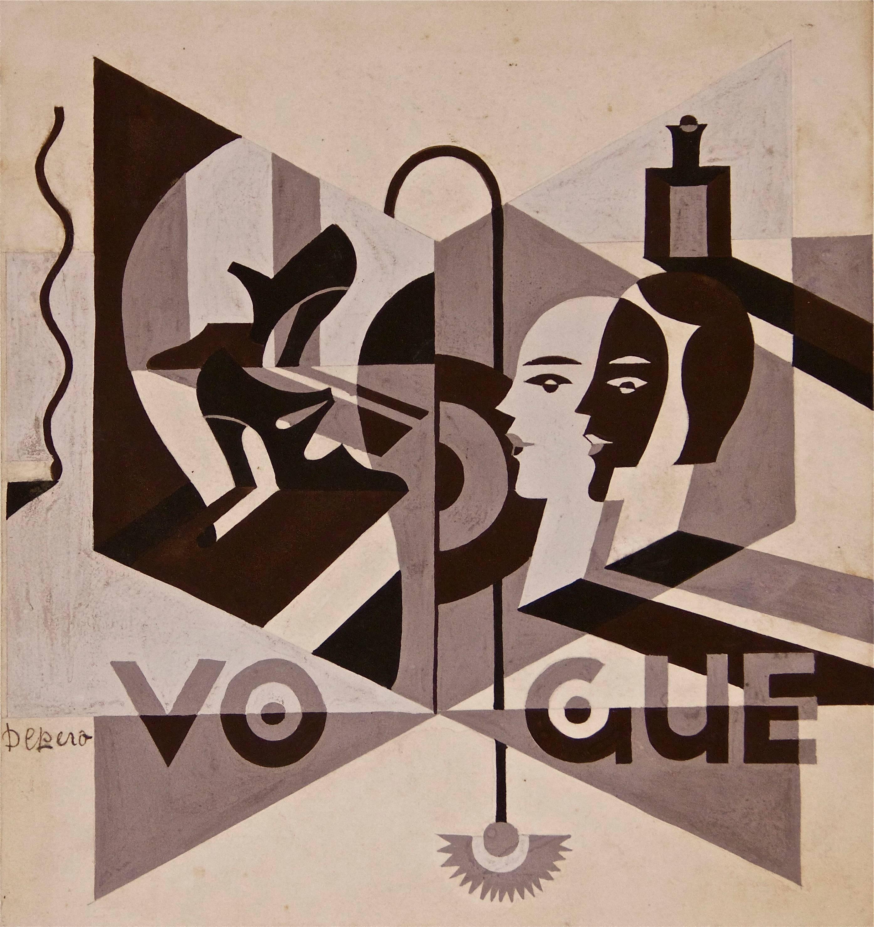 Handsigniert unten links: "Depero".

Echtheitszertifikat des Archivs von Fortunato Depero. 

1929 realisierte Fortunato Depero einige Vorschläge für interne Illustrationen der New Yorker Zeitschrift "Vogue". In diesem außergewöhnlichen Gemälde