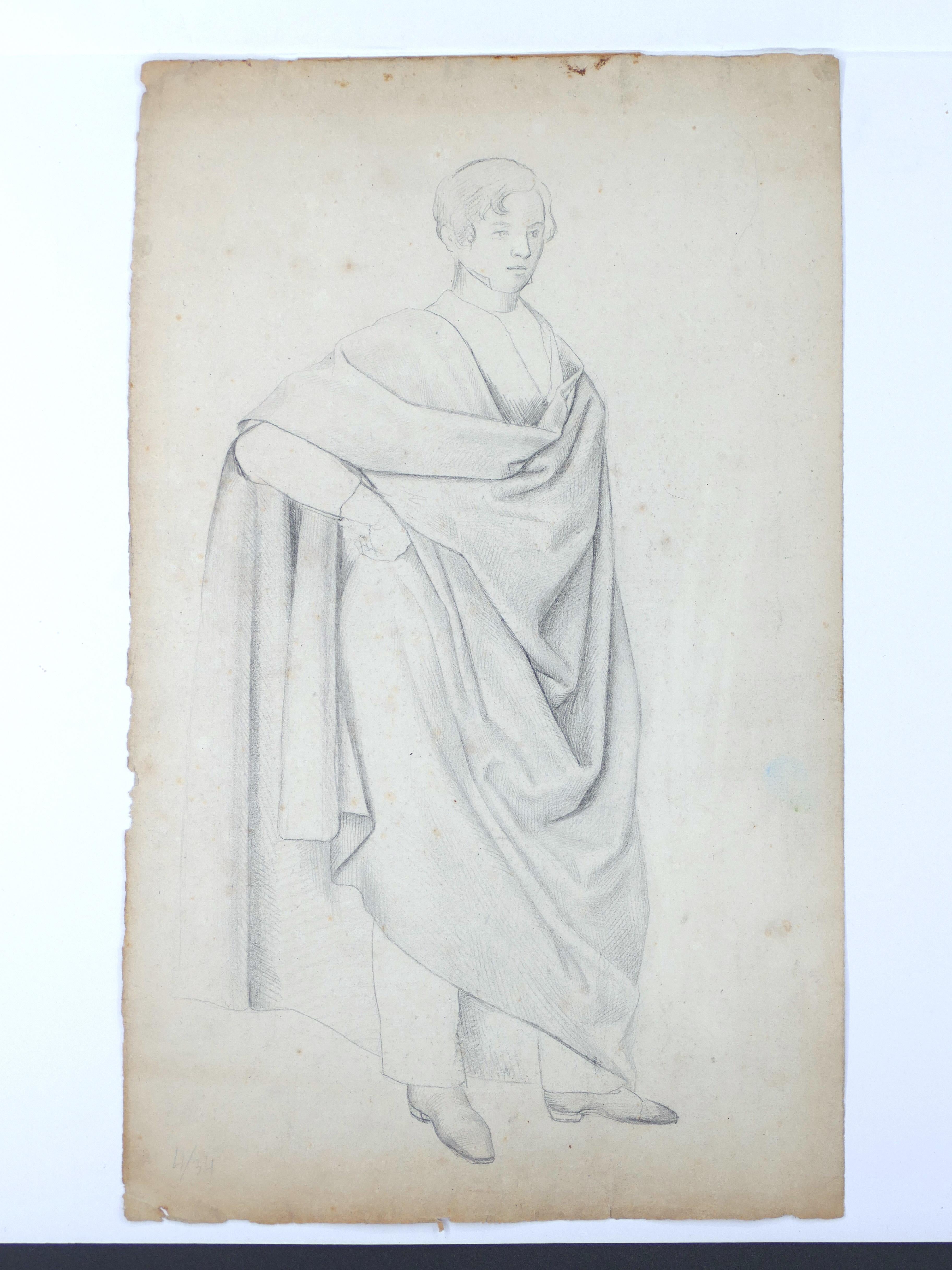 Hermann Goldschmidt Figurative Art - Man with Cloak - Original Pencil Drawing by H. Goldschmidt - Late 19th Century