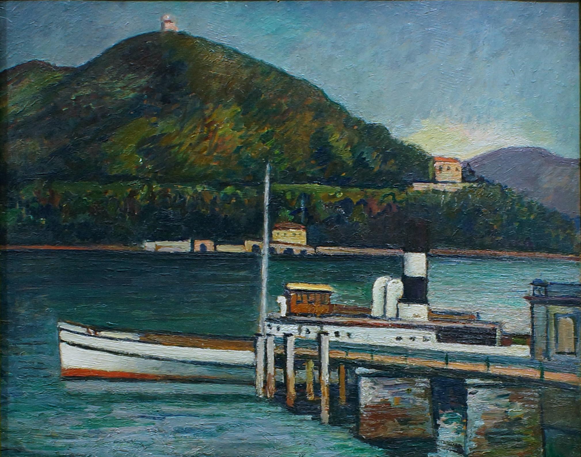 Piero Marussig Landscape Painting - Jetty on the Lake Iseo - Oil on Board by P. Marussig - 1928/30