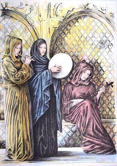 Oriental Players - Original Hand-Colored Lithograph by A. Quarto - 1985