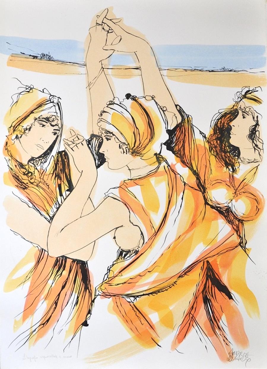 Andrea Quarto Figurative Print - Oriental Dancers - Original Hand-Colored Lithograph by A. Quarto - 1985