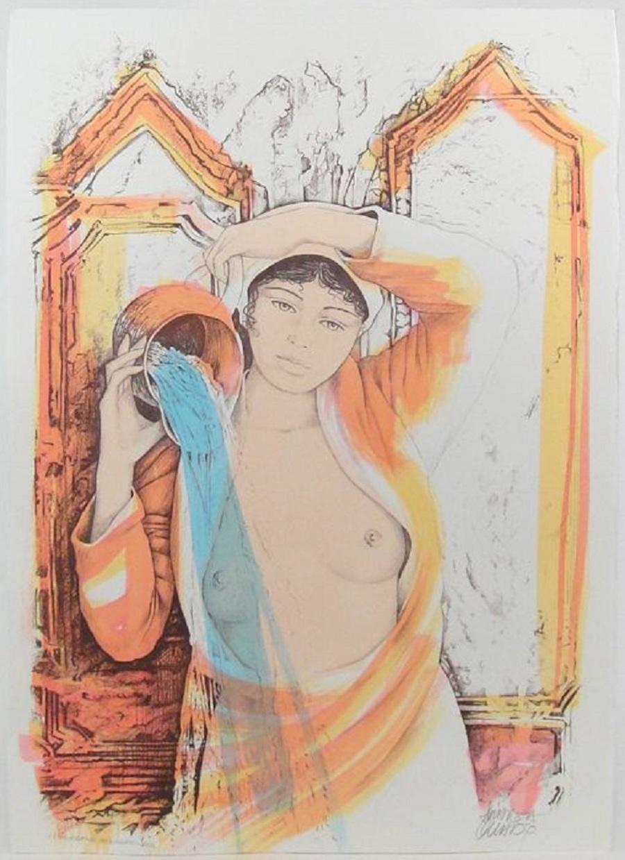 Andrea Quarto Figurative Print - Aquarius - Hand-Colored Lithograph by A. Quarto - 1985