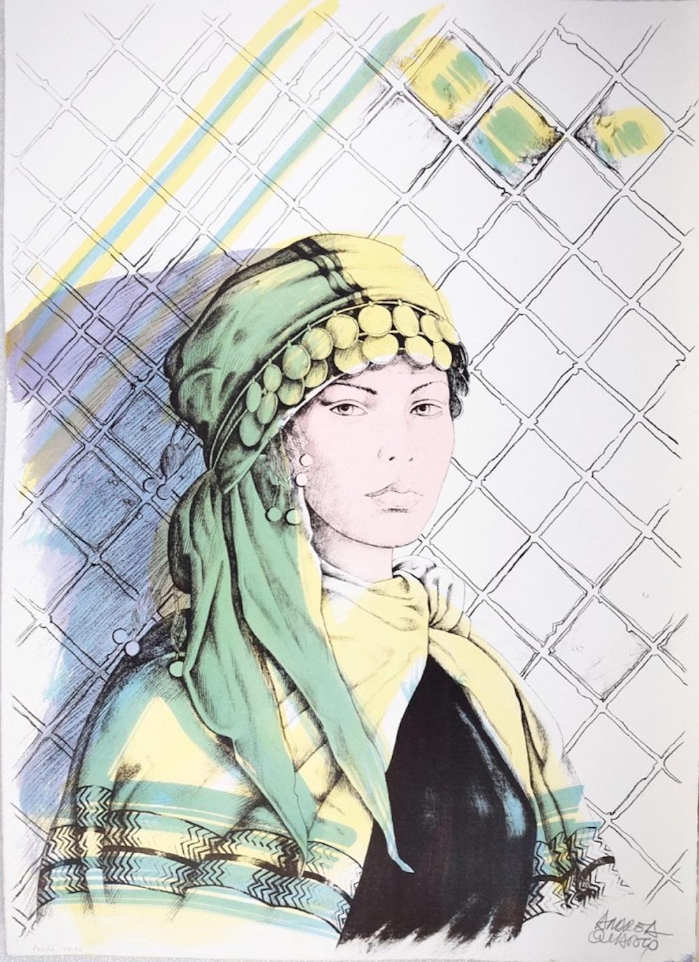 Andrea Quarto Figurative Print - Oriental Woman - Original Hand-Colored Lithograph by A. Quarto - 1980s