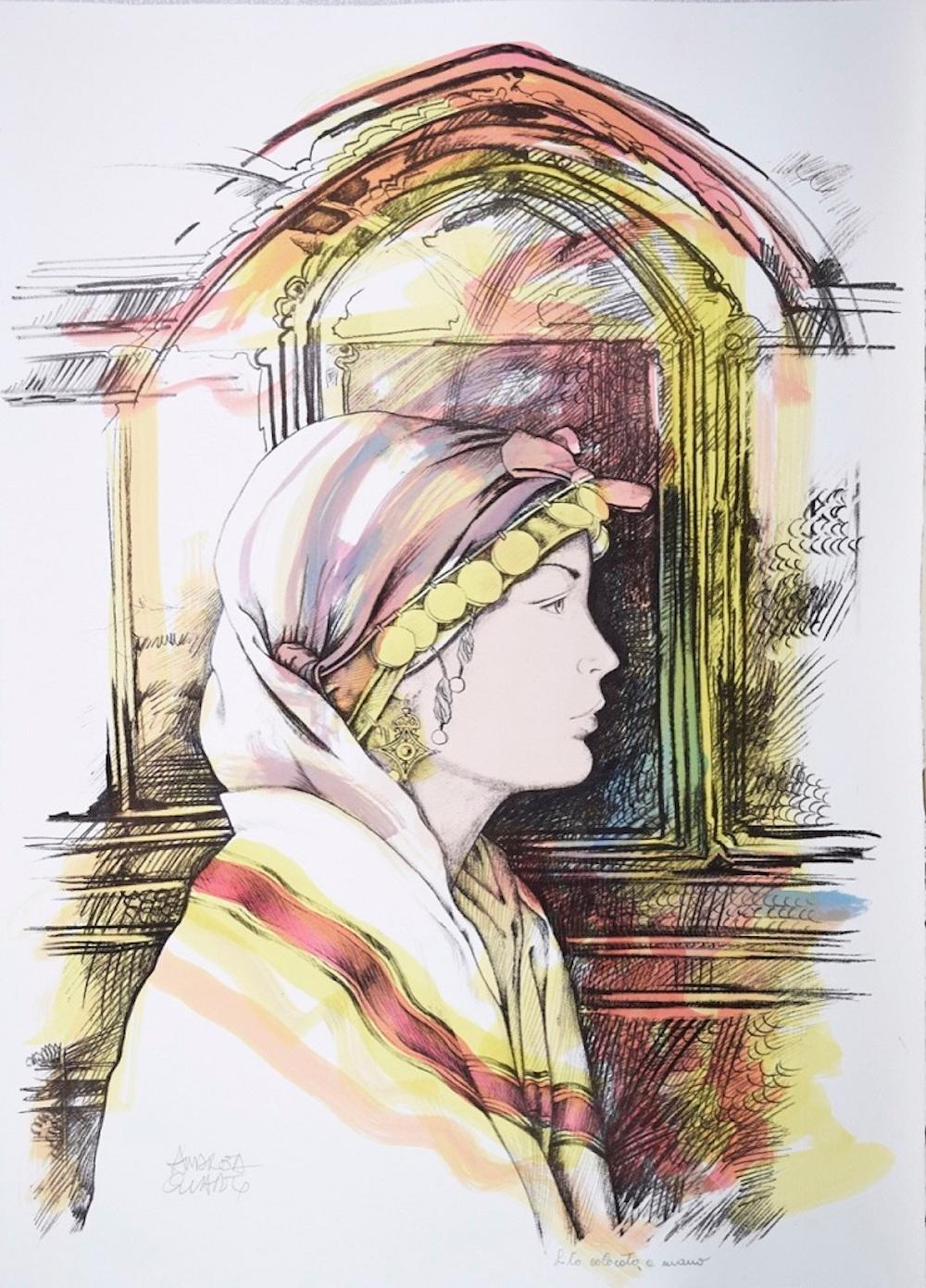Andrea Quarto Figurative Print - Oriental Woman's Profile - Original Hand-Colored Lithograph by A. Quarto - 1980s