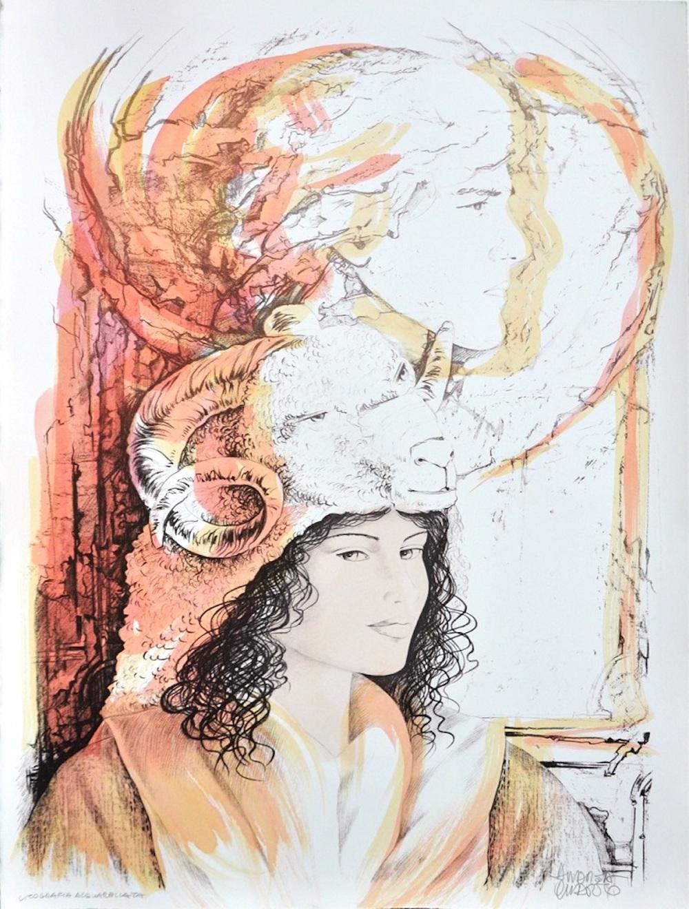 Andrea Quarto Figurative Print - Aries - Original Hand-Colored Lithograph by A. Quarto - 1980s