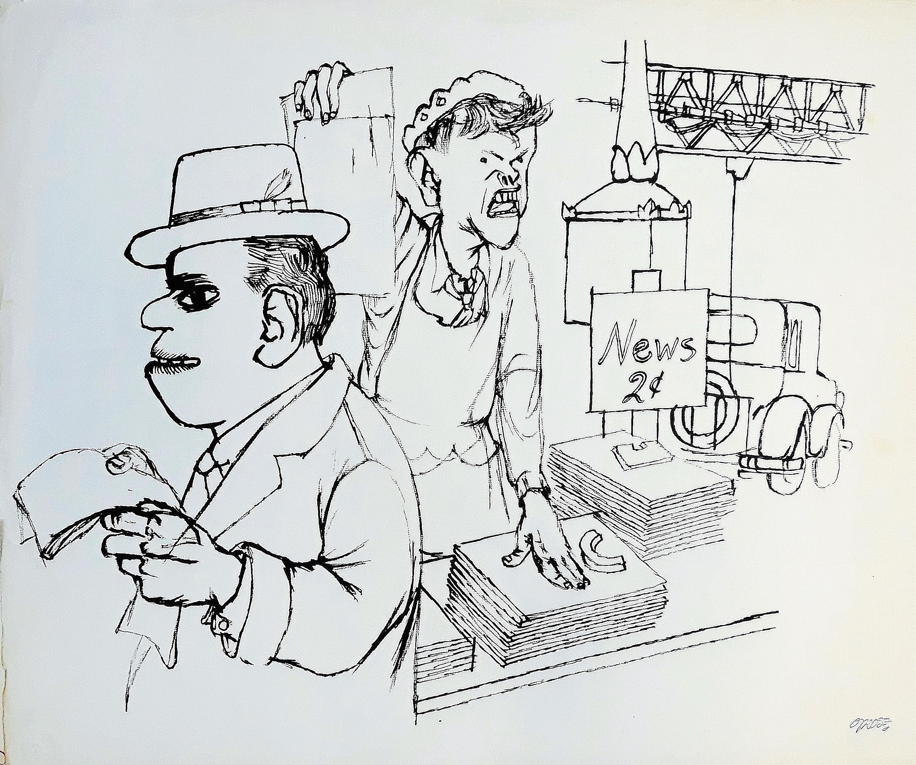 George Grosz Figurative Art - News Vendor, New York  - China Ink Drawing on Paper by G. Grosz - 1932