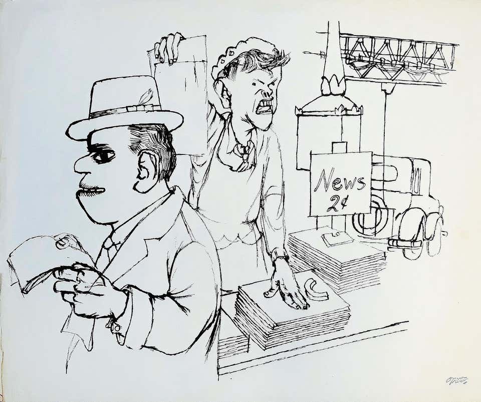 News Vendor, New York - China Ink Drawing on Paper by G. Grosz - 1932