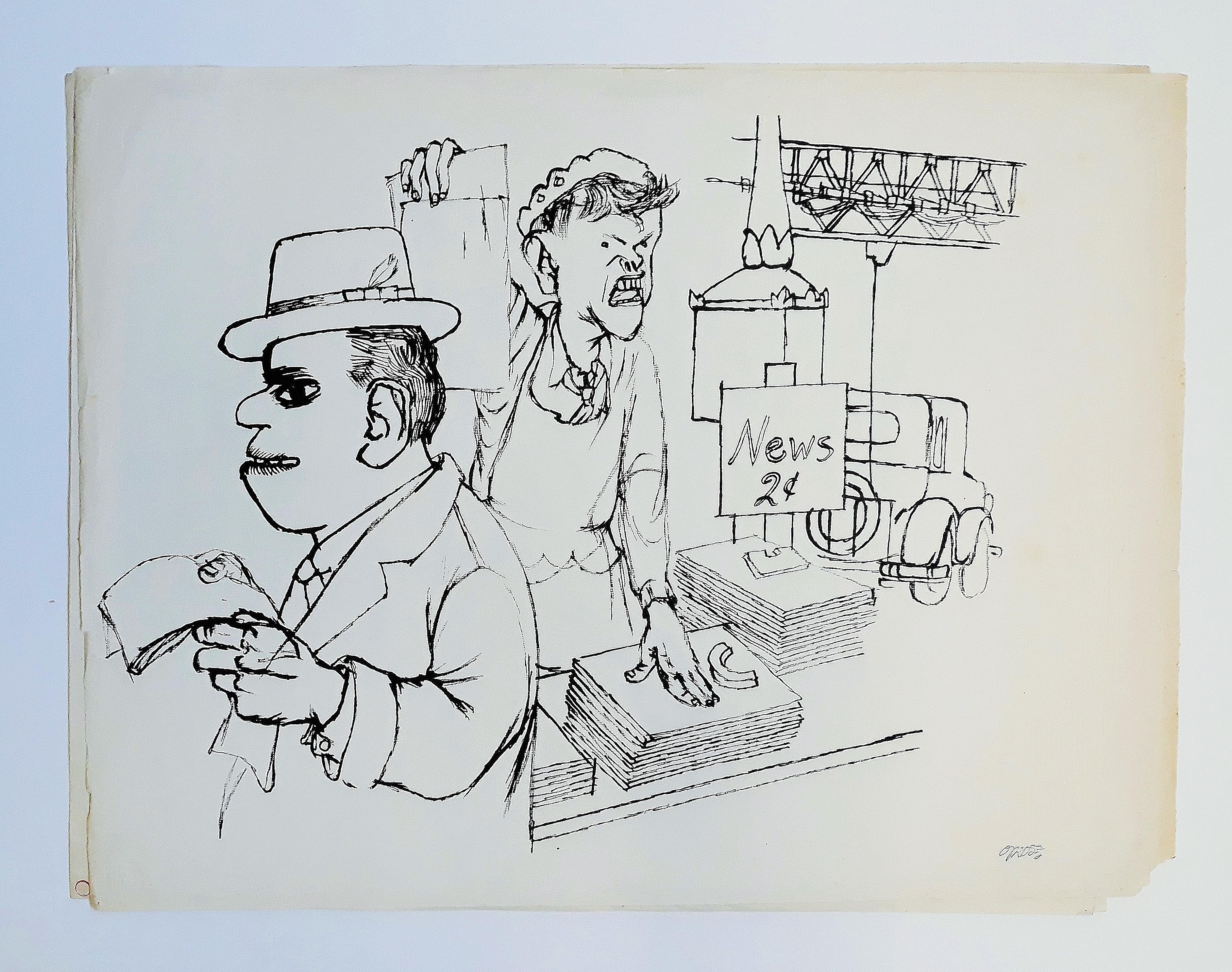 Vendor News, New York  - Dessin à l'encre de Chine sur papier par G. Grosz - 1932 - Expressionniste Art par George Grosz