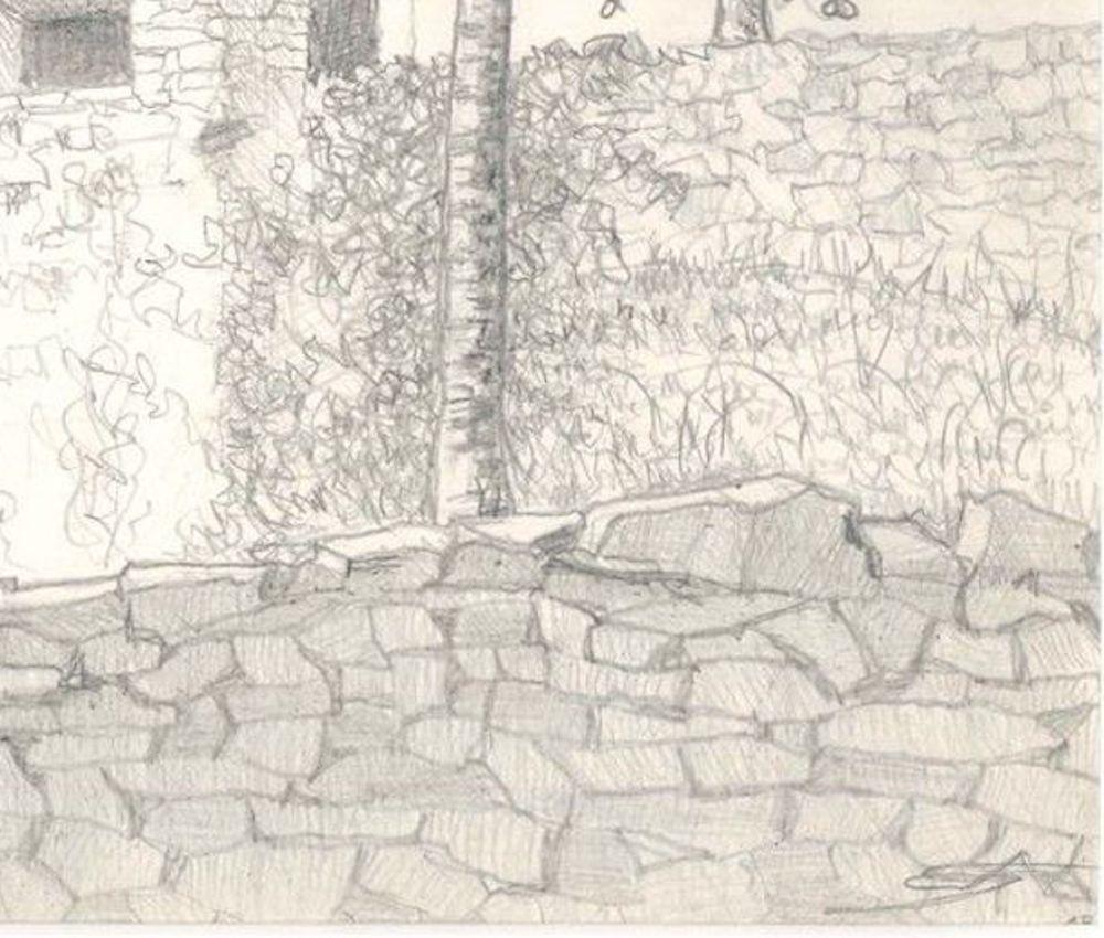 Les Eyzies (French Countryside) - Original Pencil Drawing 1986 - Art by André Roland Brudieux