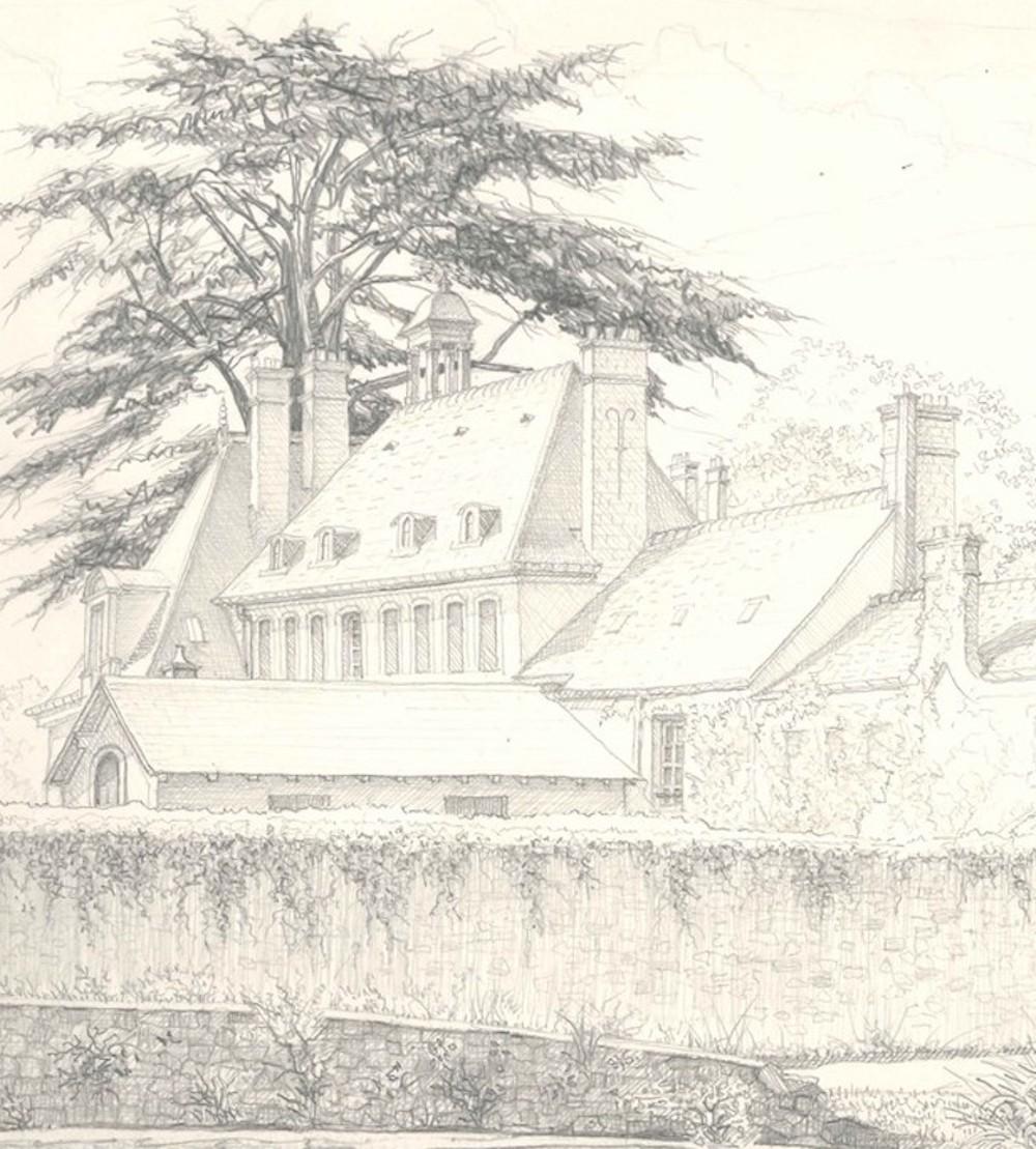Les Granges de Port Royal - Dibujo original a lápiz años 70 - Art de André Roland Brudieux