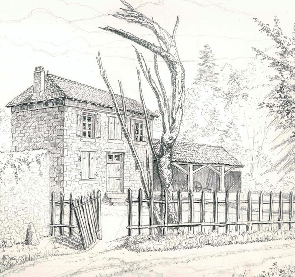 French Farmhouse - Original Pencil Drawing 1980s - Art by André Roland Brudieux