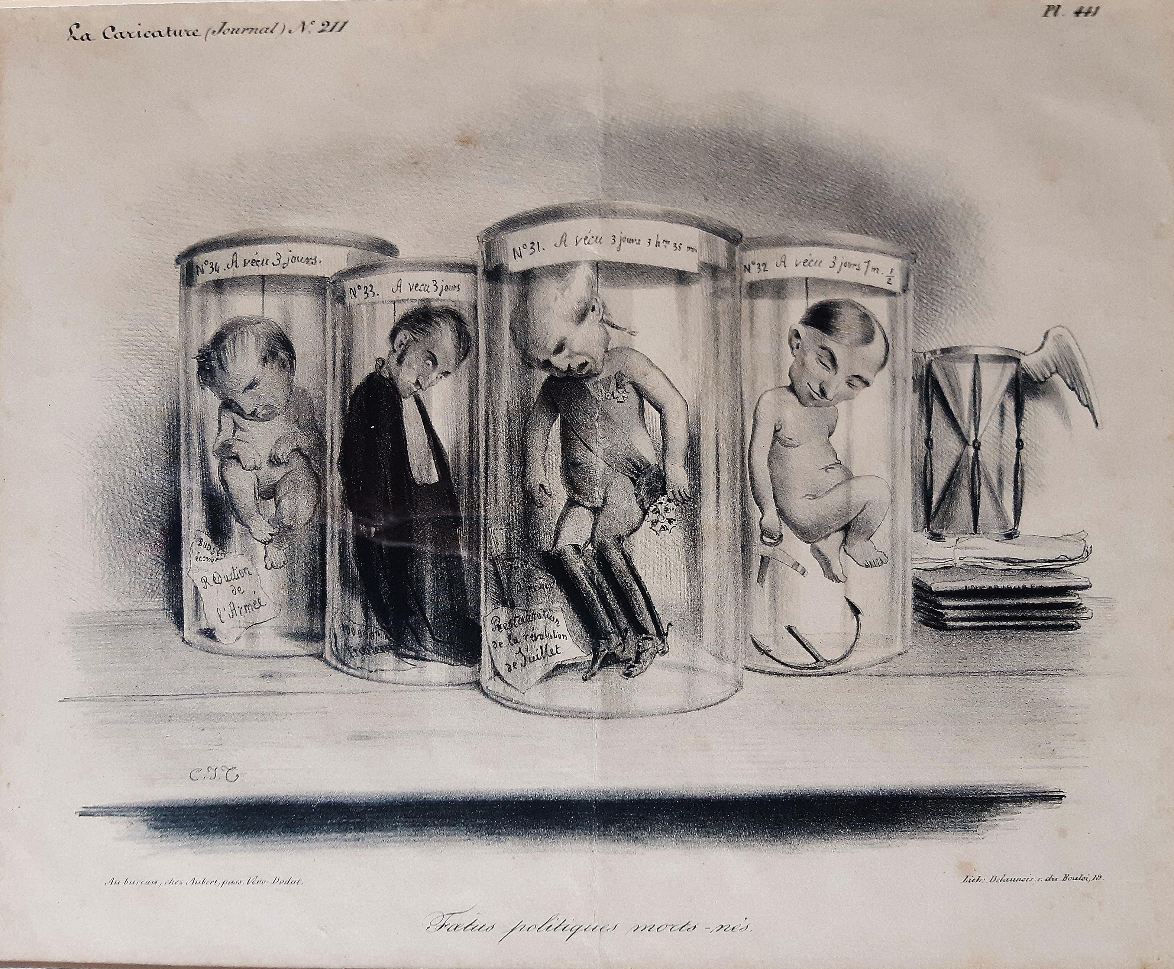 Charles Joseph Traviès Figurative Print - Foetus Politiques Morts-Nés - Original Lithograph by Foetus C.-J. Traviès - 1834