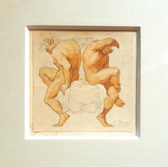 Grotesque with Fighting Centaurs - Pencil and Watercolor by F. von Stuck