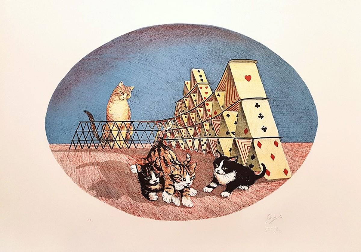 Giuliano Giuggioli Animal Print - Cats Playing - Lithograph by G. Giuggioli - 1980