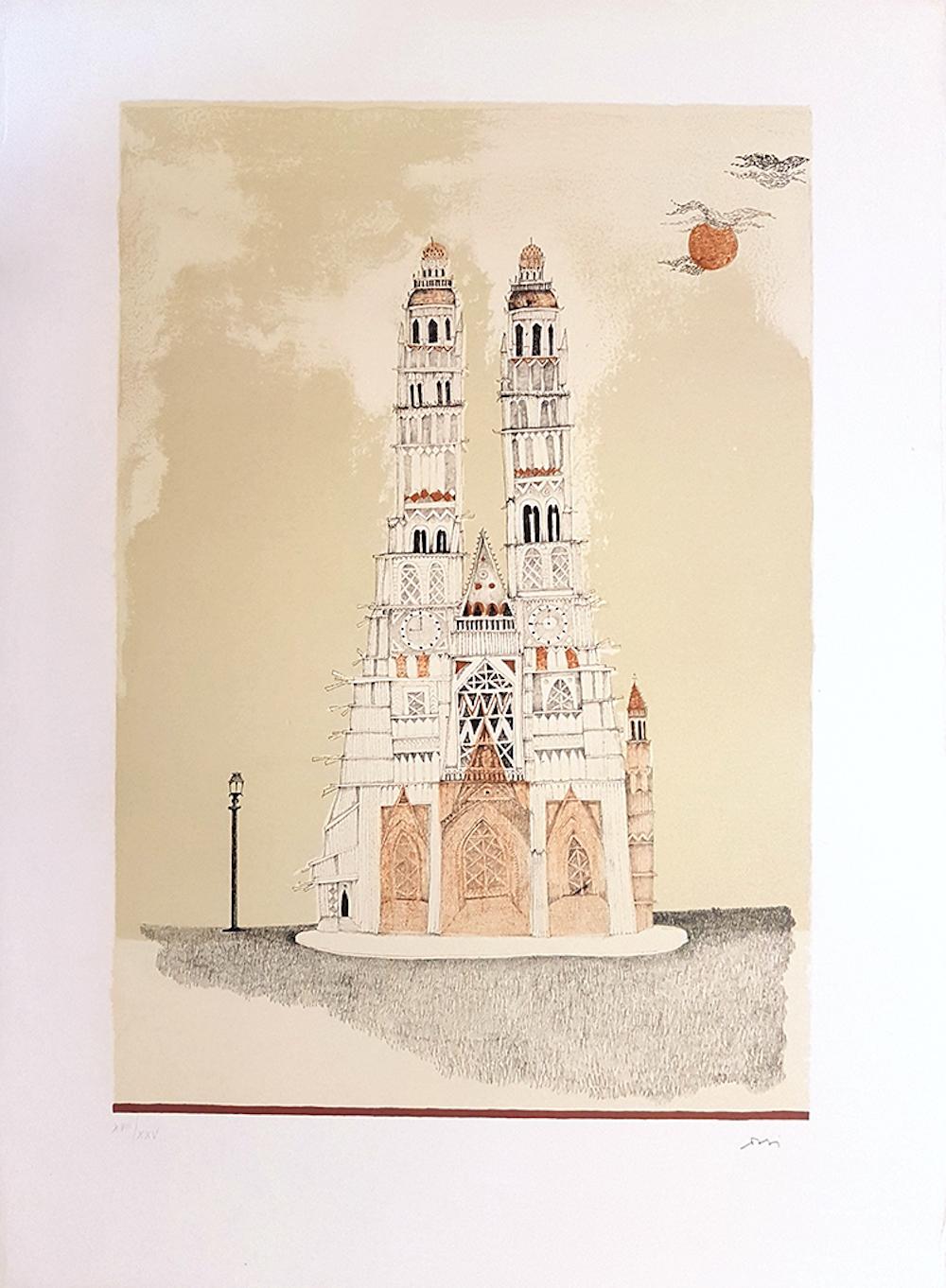 Cathedral of Dignes – Originallithographie von Ossi Czinner – 1970er Jahre