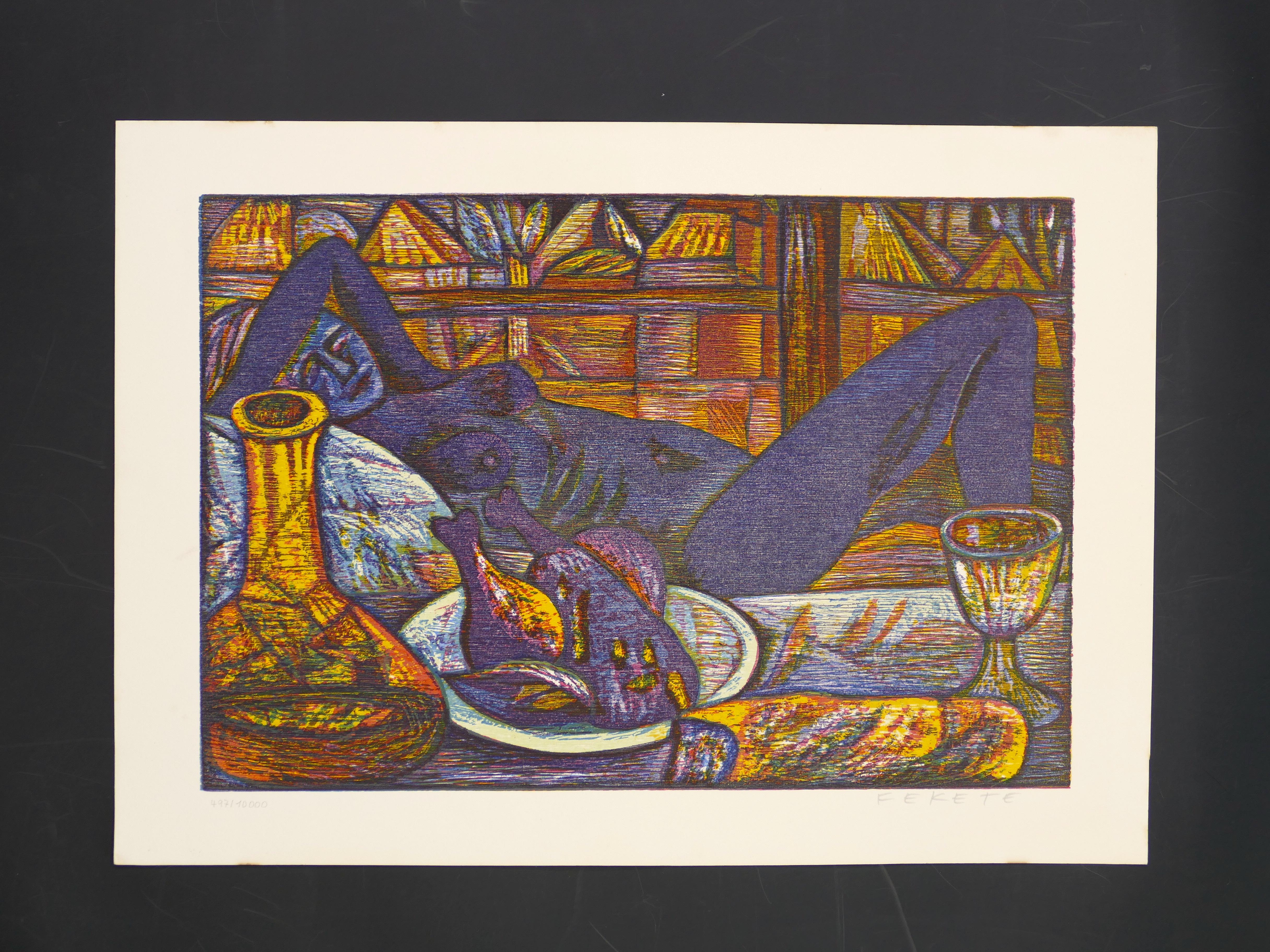 La Poule is an original print realized by Esteban Fekete (1924,Budapest - 2009, Dieburg) around the 1970s.

Six-color woodcut. Signed by the artist on the lower right margin. Edition of 10.000 copies.

Image dimensions: cm 24 x 35. Very good