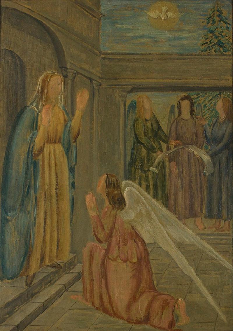 Annunciation is an original oil on canvas realized by Carlo Socrate in 1936.

Published exhibition catalogue of Palazzo Venezia 
Preparatory sketch for the decoration of the chapel of the mother house of the Mutilated.

Carlo Socrate (Mezzanabigli,