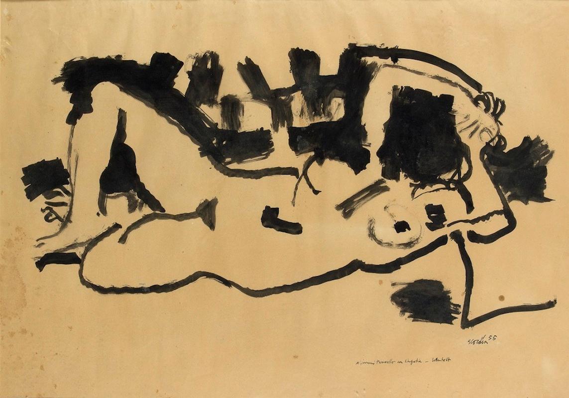 Lying Naked - dessin de marqueur original d'Antonio Scordia - 1955