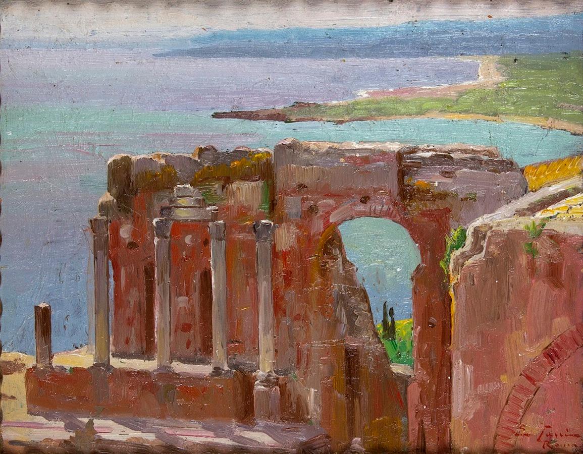View of Taormina - Oil on Board by E. Tani - 1930s