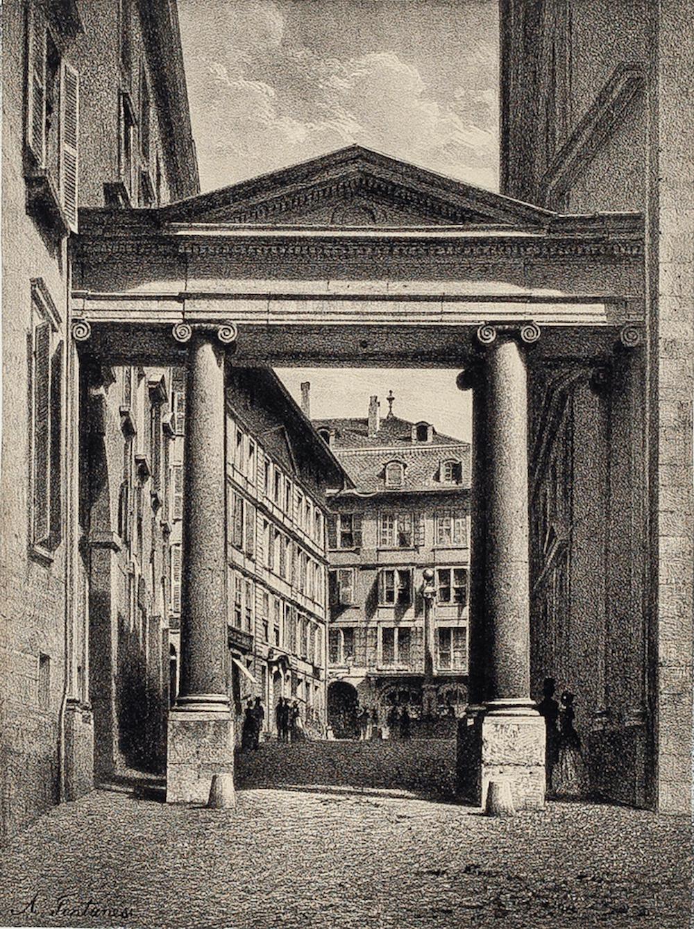Antonio Fontanesi Landscape Print - Geneva, Port de la Treille - Lithograph by A. Fontanesi - 1854