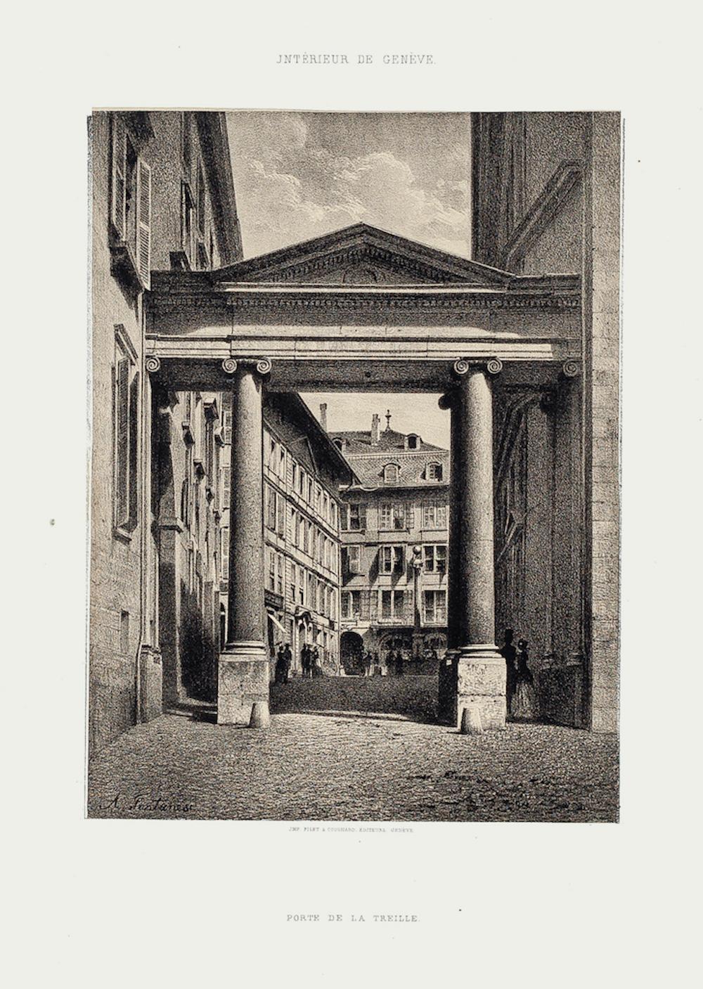 Geneva, Port de la Treille - Lithograph by A. Fontanesi - 1854 - Print by Antonio Fontanesi