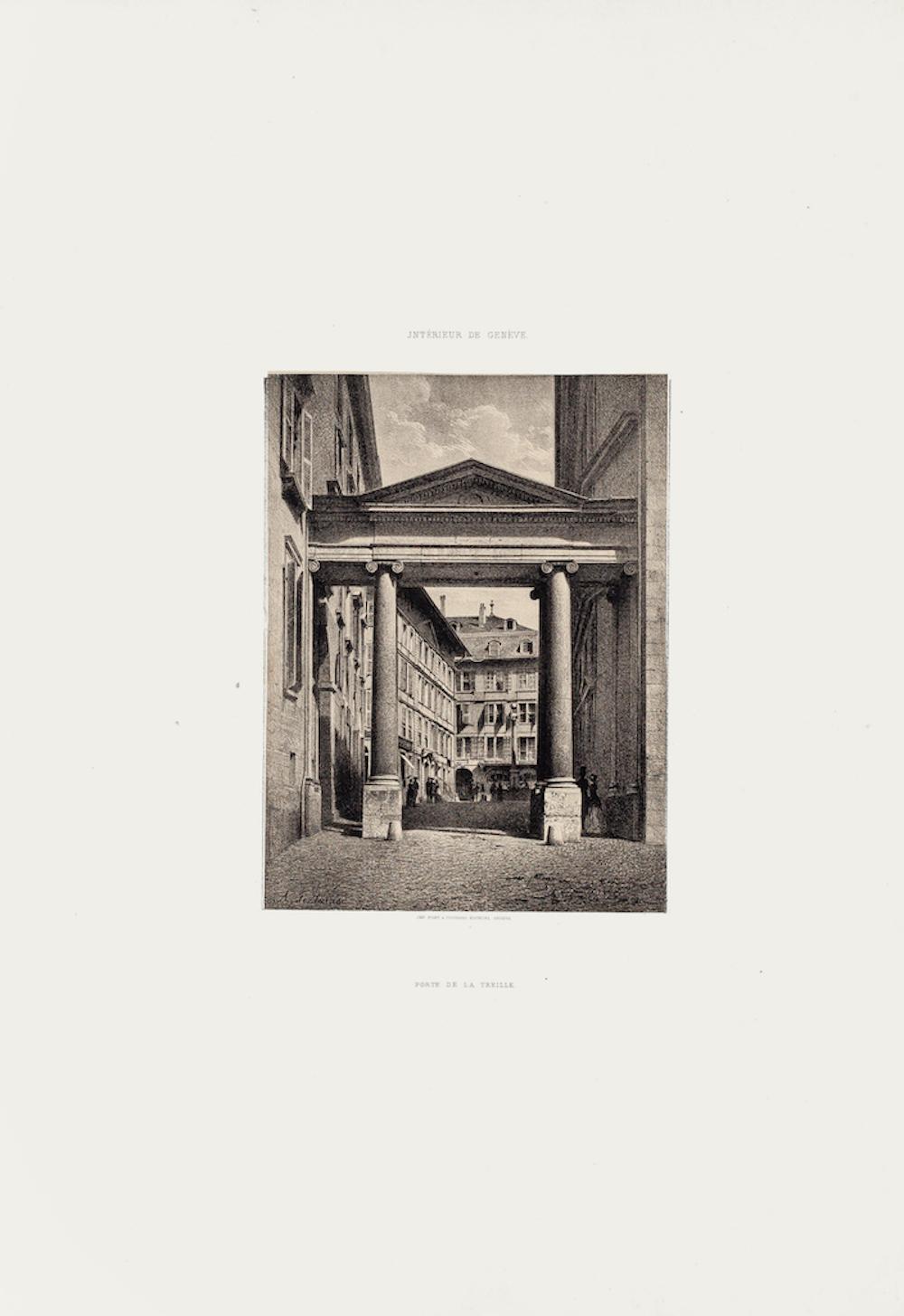 Geneva, Port de la Treille - Lithograph by A. Fontanesi - 1854 - Naturalistic Print by Antonio Fontanesi