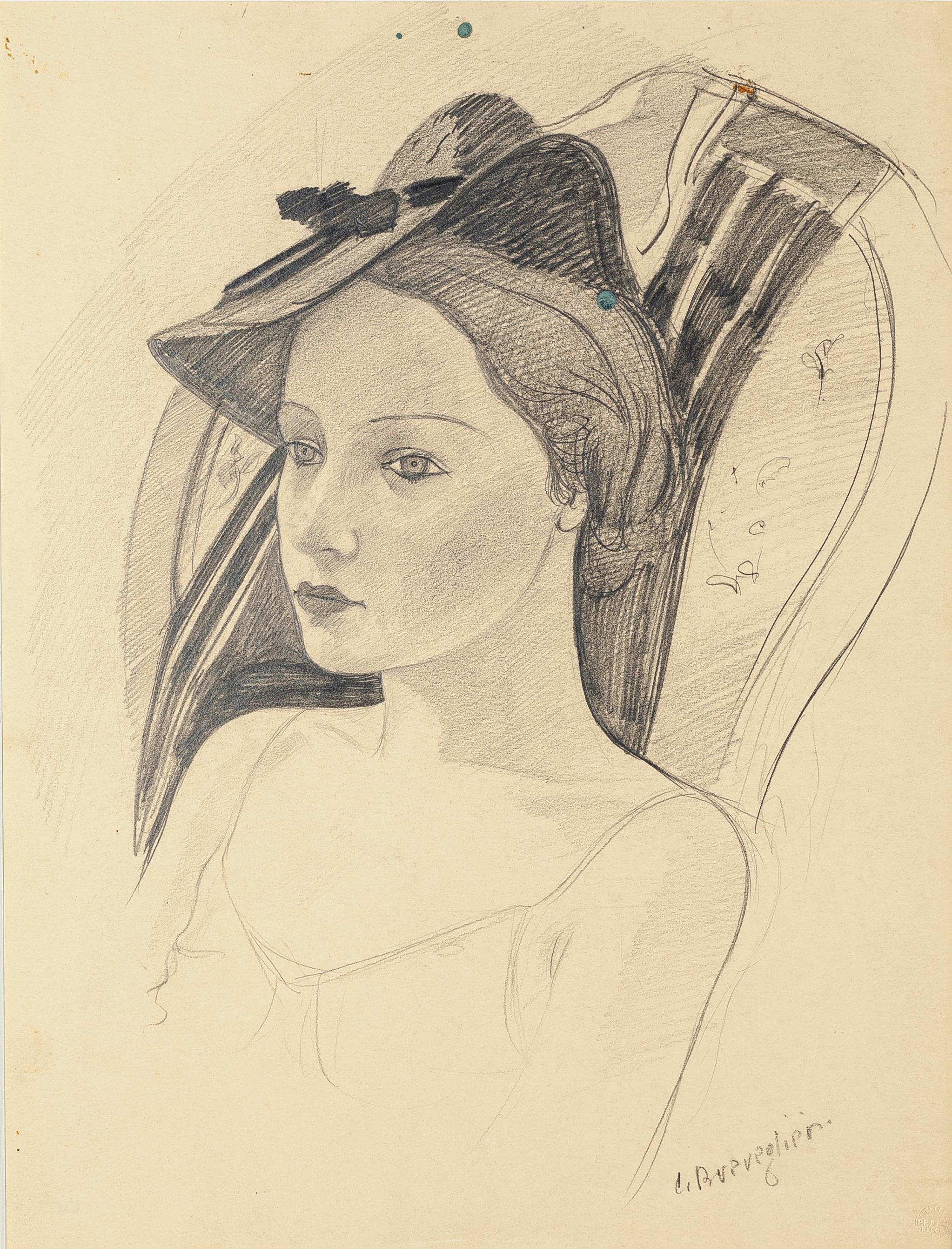 Cesare Breveglieri Portrait - Woman with a Hat - Original Pencil Drawing by C. Breveglieri - 1930s