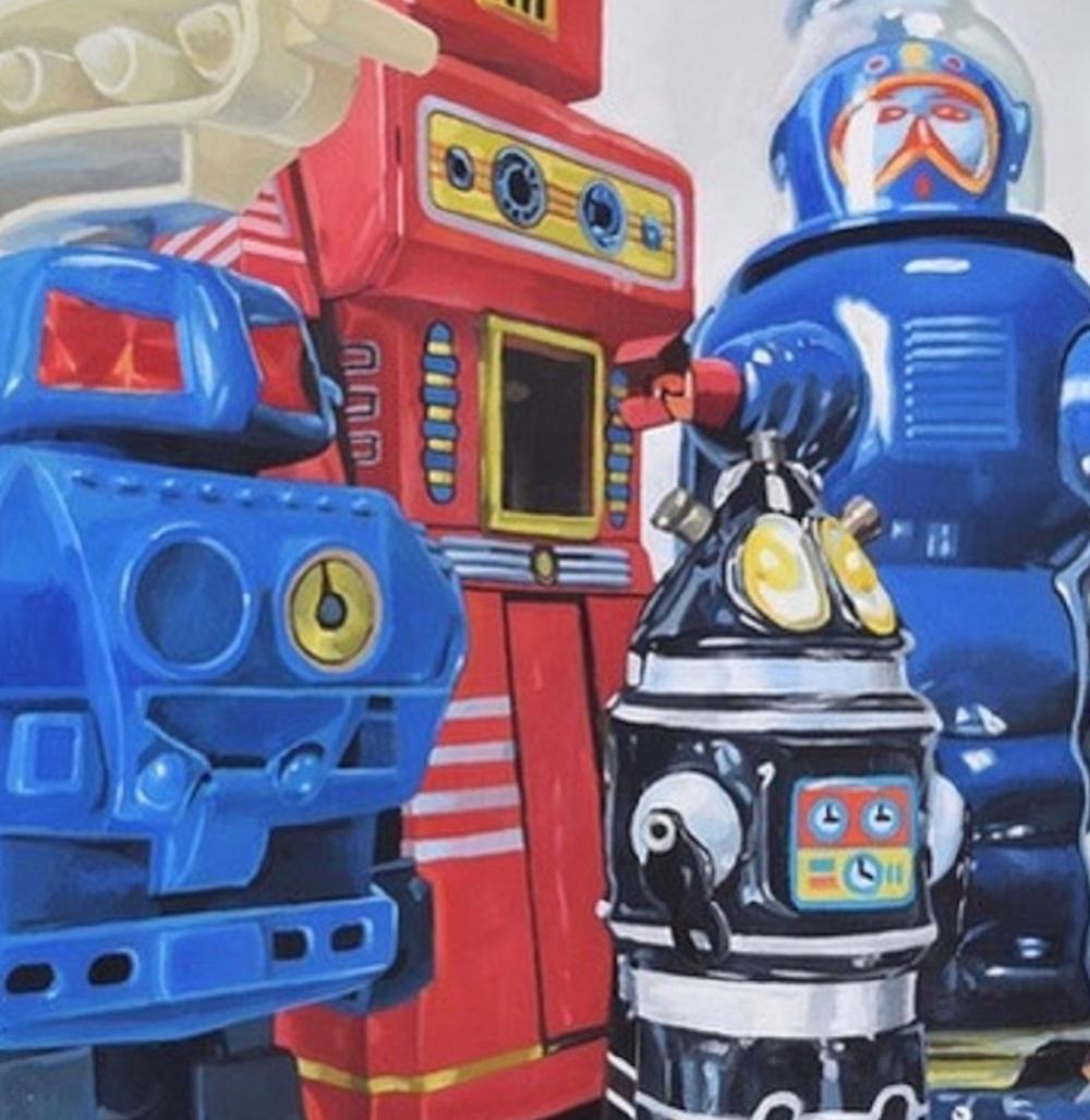 Eso Family is an original oil on canvas realized by Giampaolo Frizzi (Lucca,1969-) in 2018.

Unique piece. Very good conditions.

The artwork represents a family of vintage robots, a tribute to the protagonists of the world of childhood and toys of
