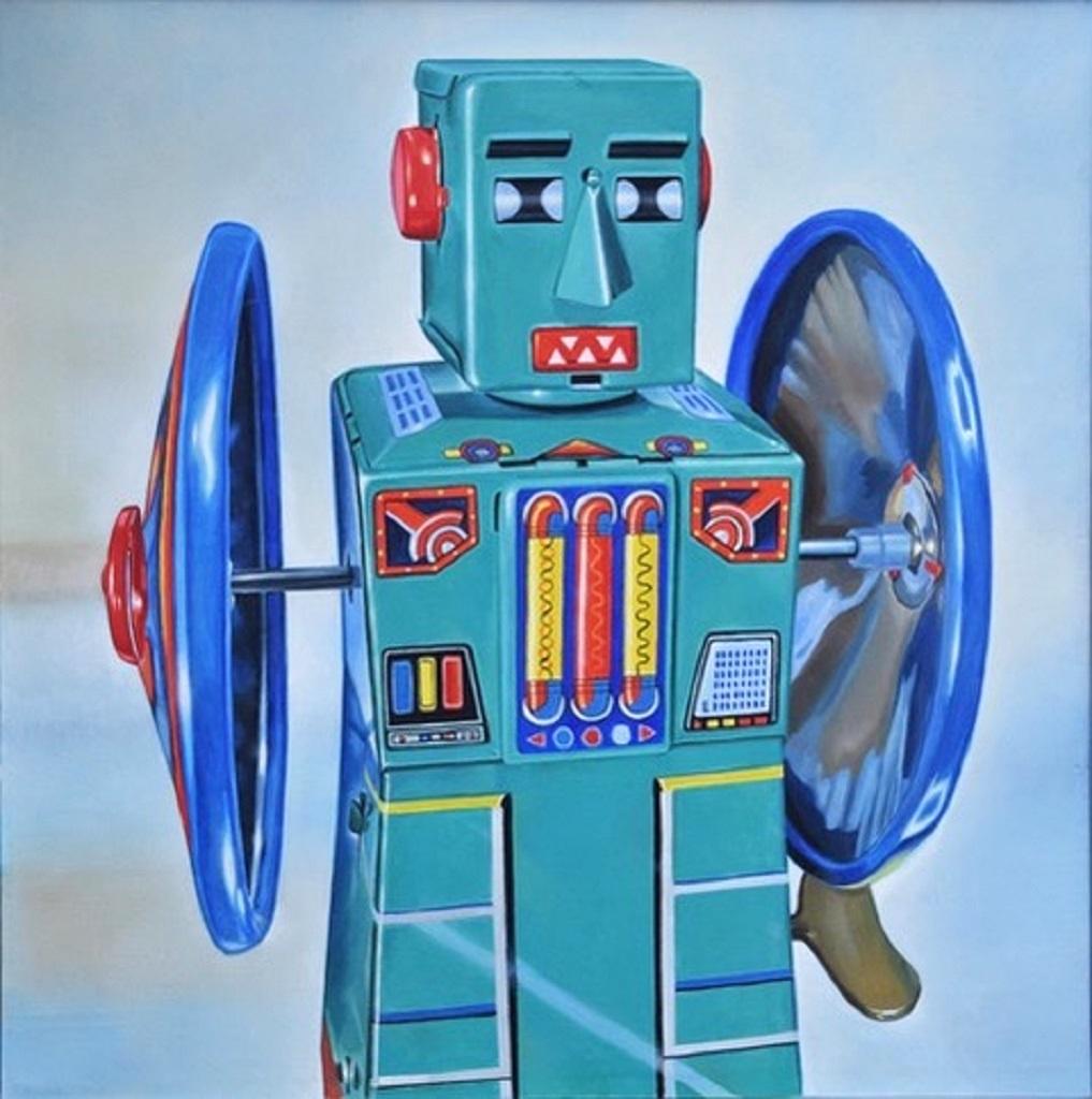 Robert is an original oil on canvas realized by Giampaolo Frizzi (Lucca,1969-) in 2018.

Unique piece. Very good conditions.

The artwork represents a vintage turquoise robot, built with two wheels as arms. 1960's-1970's robots are one of Frizzi's