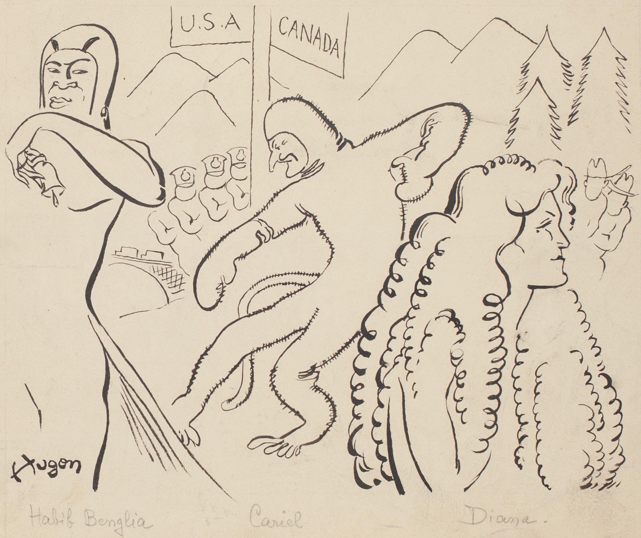 Estudio para personajes satíricos - Dibujo en tinta china de E. Hugon - 1991 - Figurative Art Beige de Emile Hugon