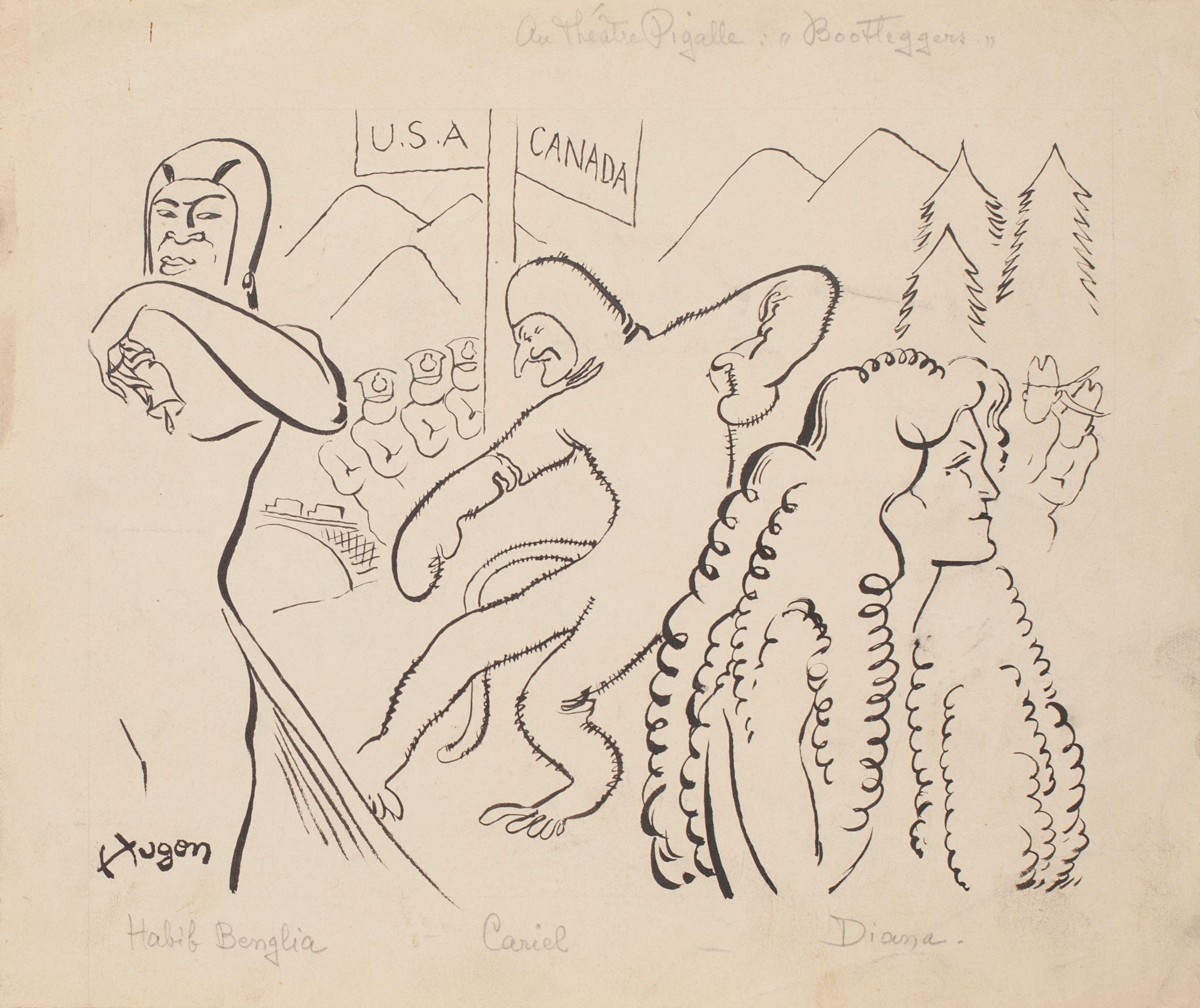 Figurative Art de Emile Hugon - Estudio para personajes satíricos - Dibujo en tinta china de E. Hugon - 1991